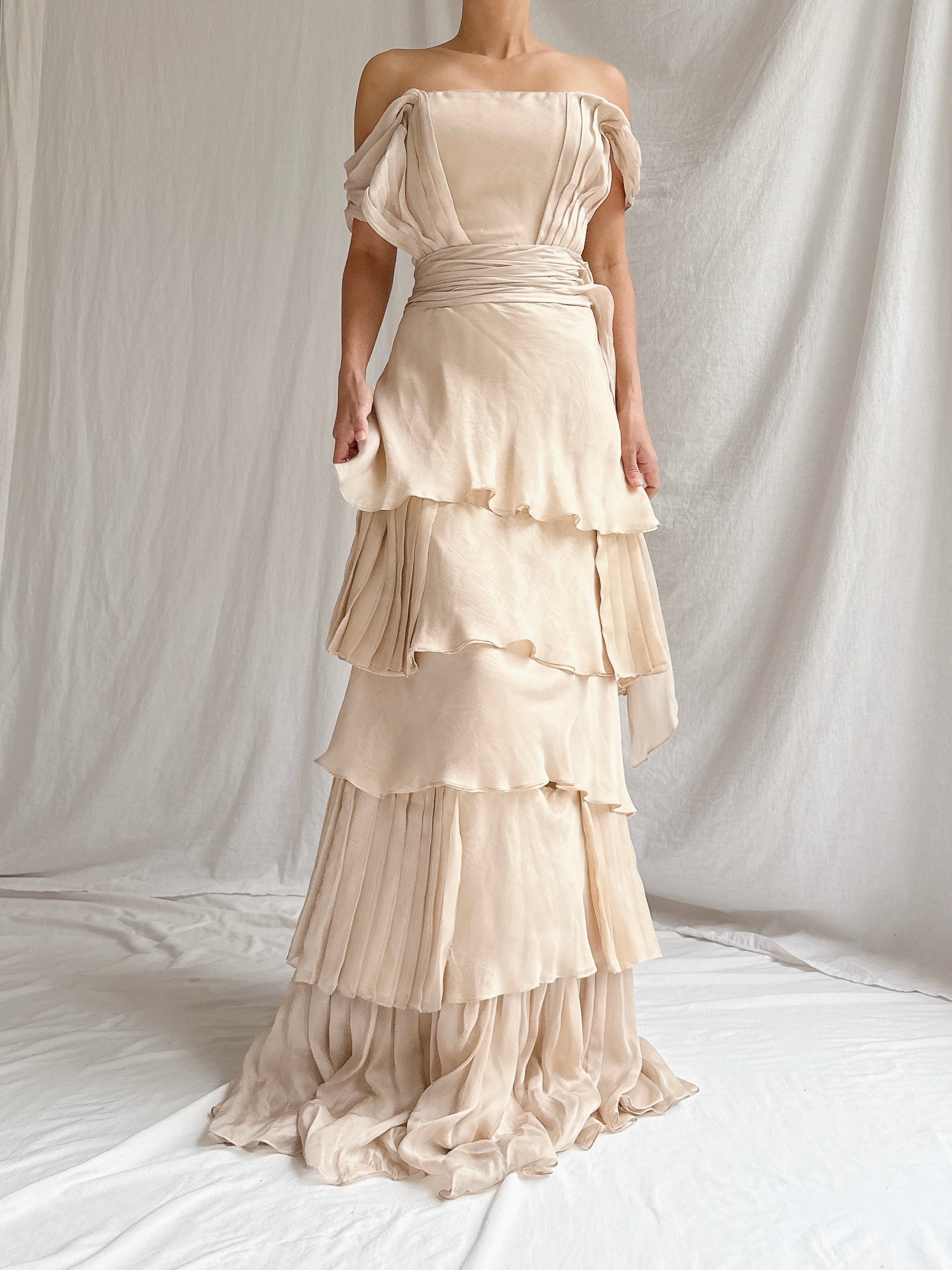 Vintage Beige Silk Tiered Dress - S