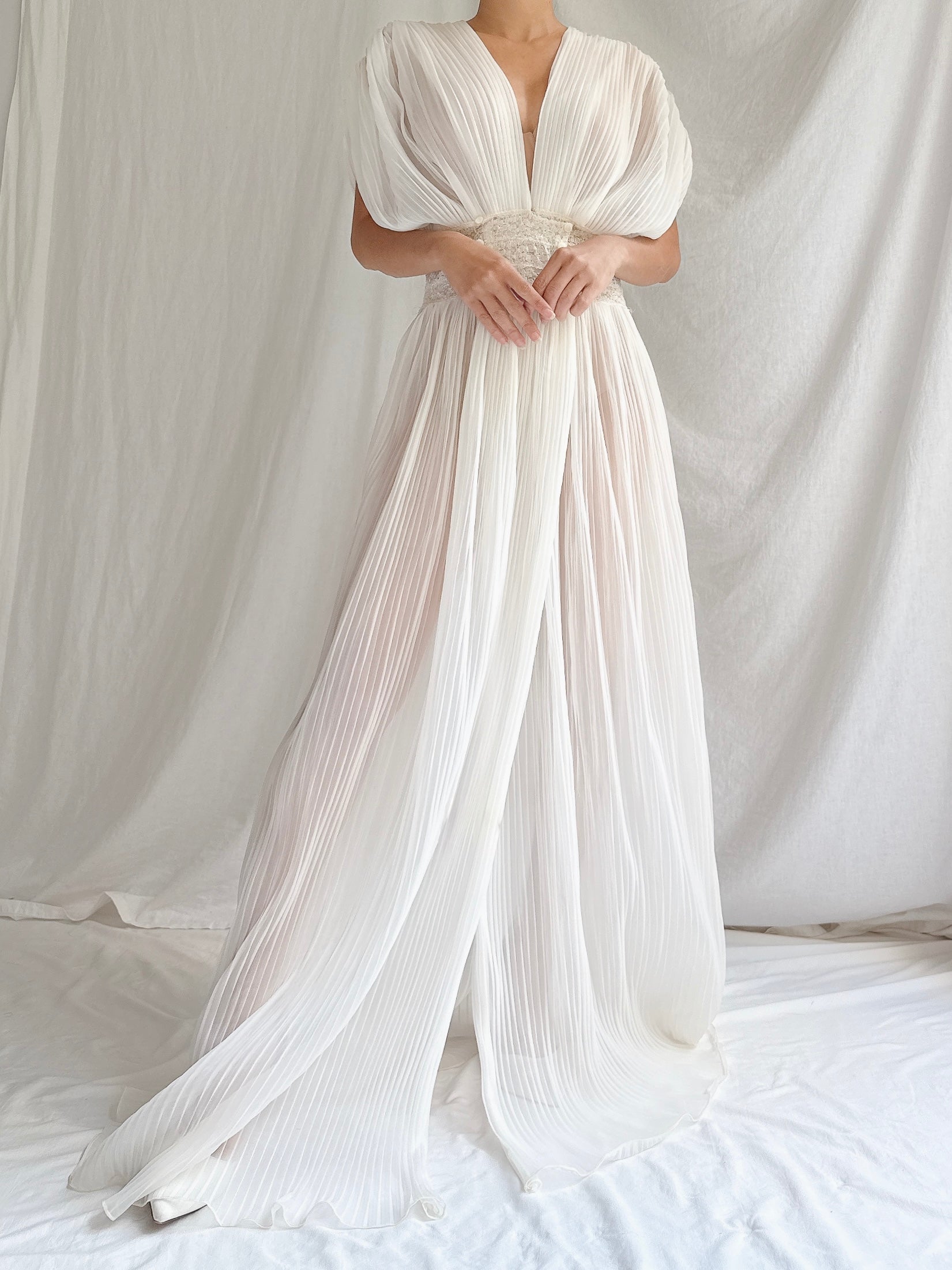 1960s Reversible Crystal Pleat Sheer Tricot Gown -  S