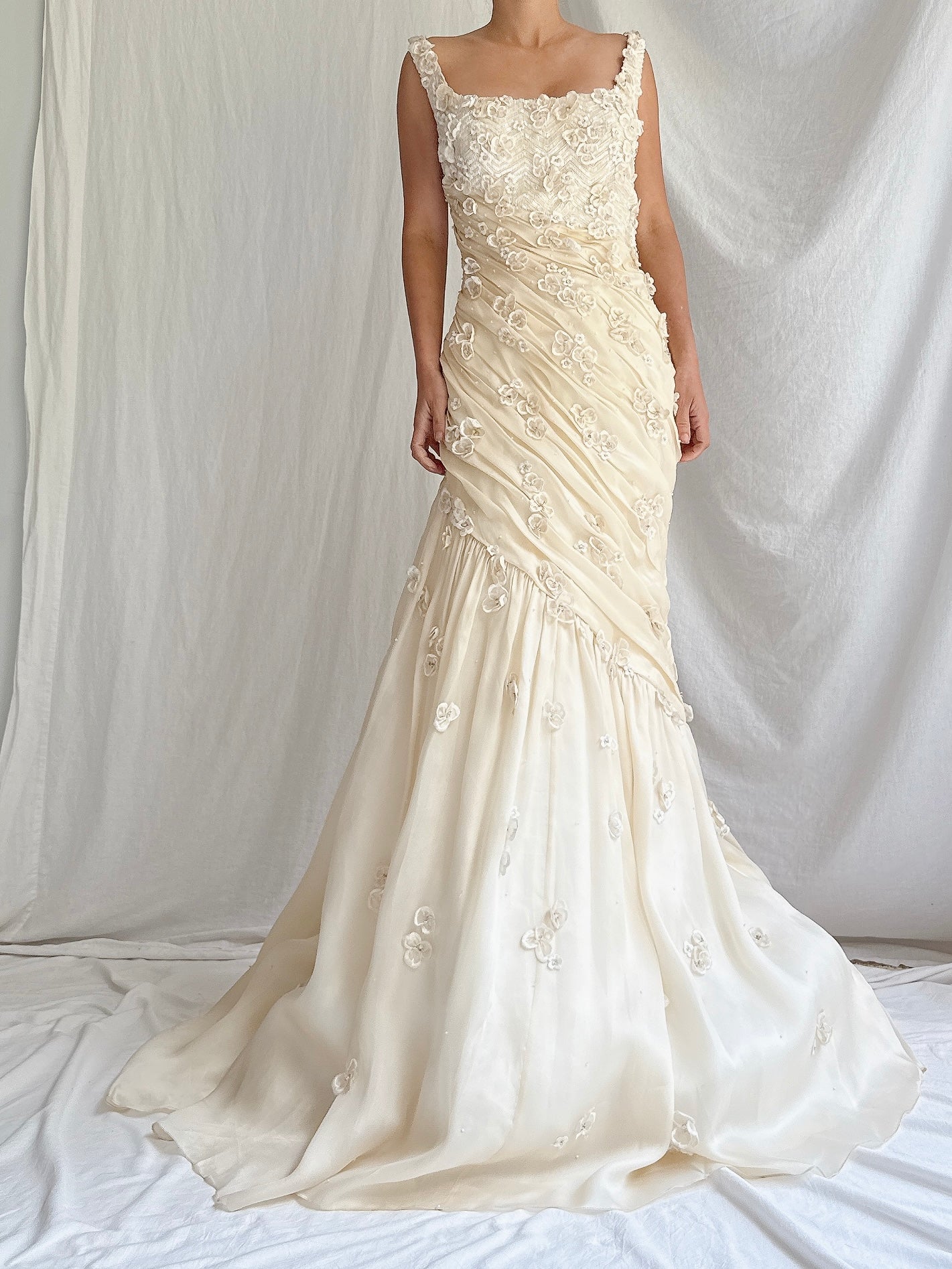 Vintage YSA Makino Silk Organza Gown with Appliqués - M