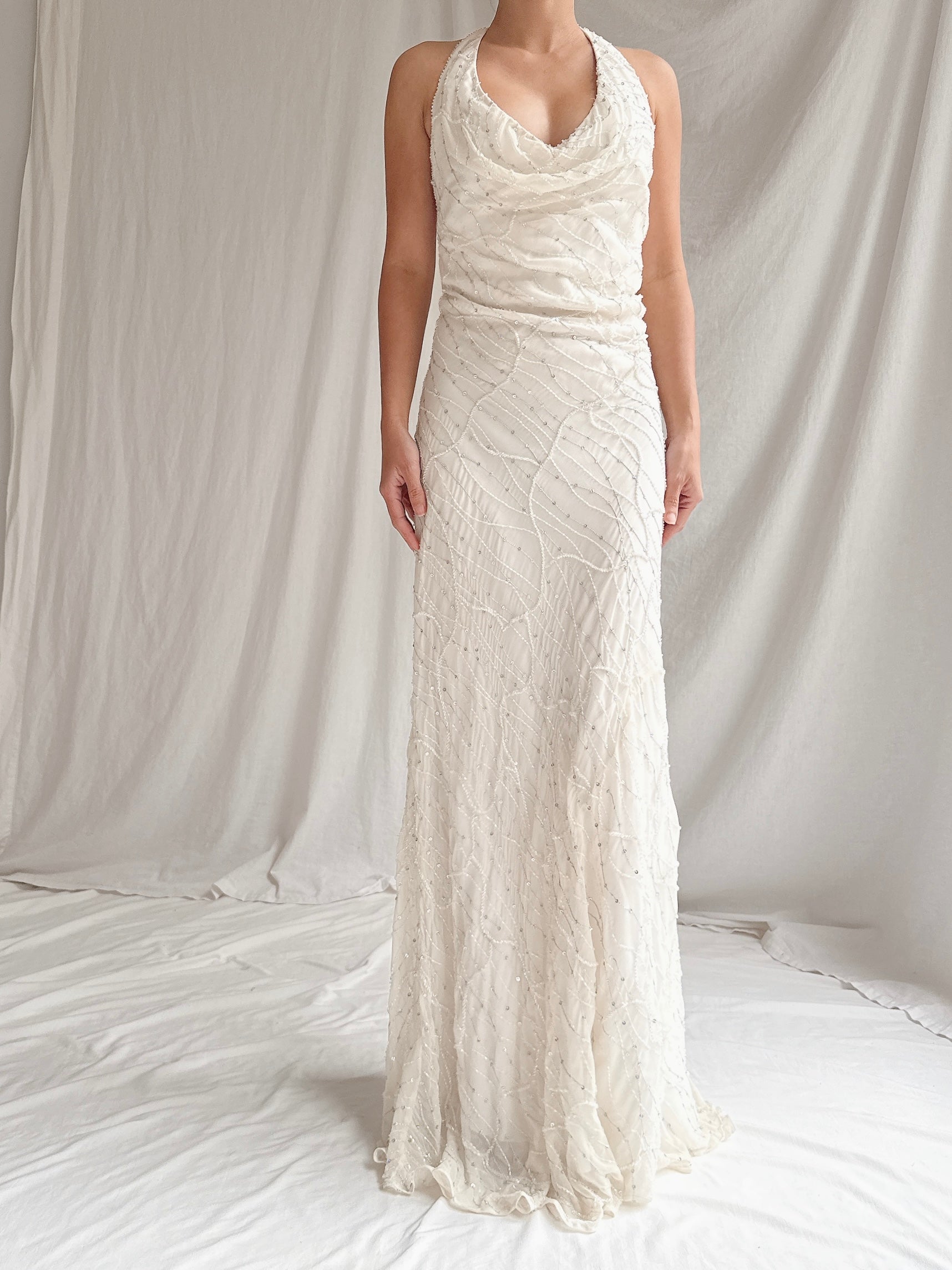 Vintage Silk Beaded Bias Halter Dress - M