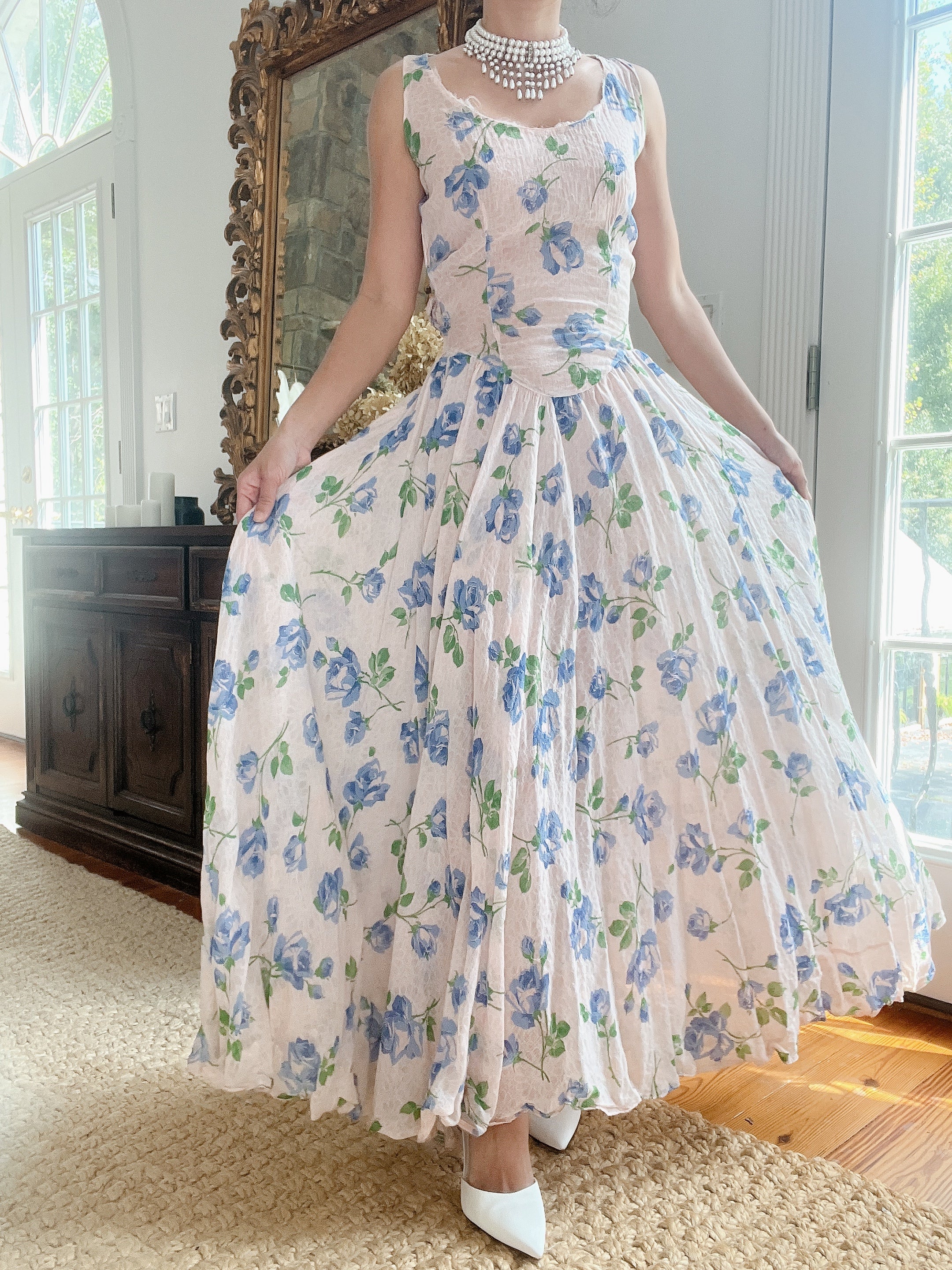 1940s Blue Floral Dress - M