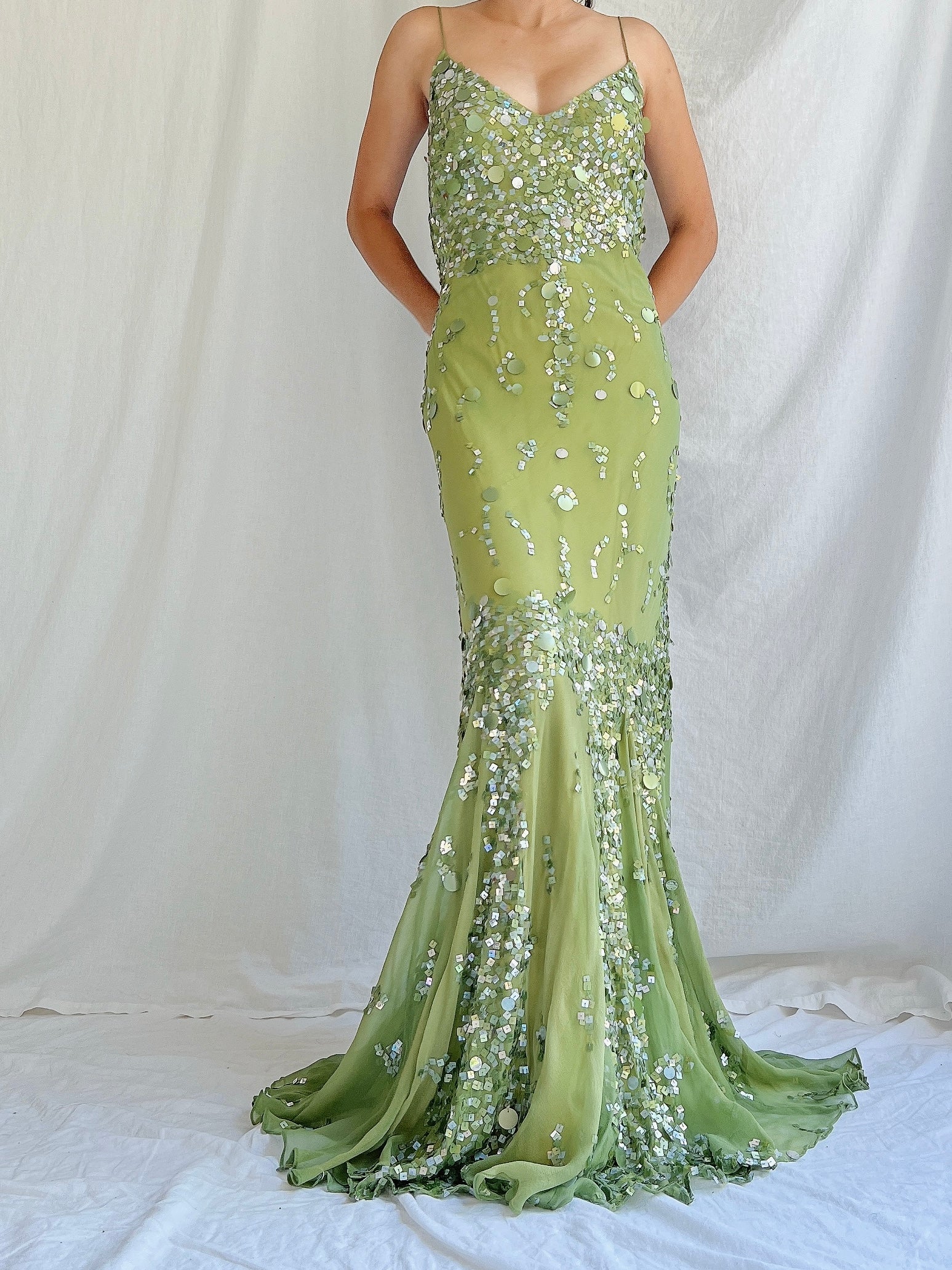 Vintage Green Bias Cut Silk Gown - S