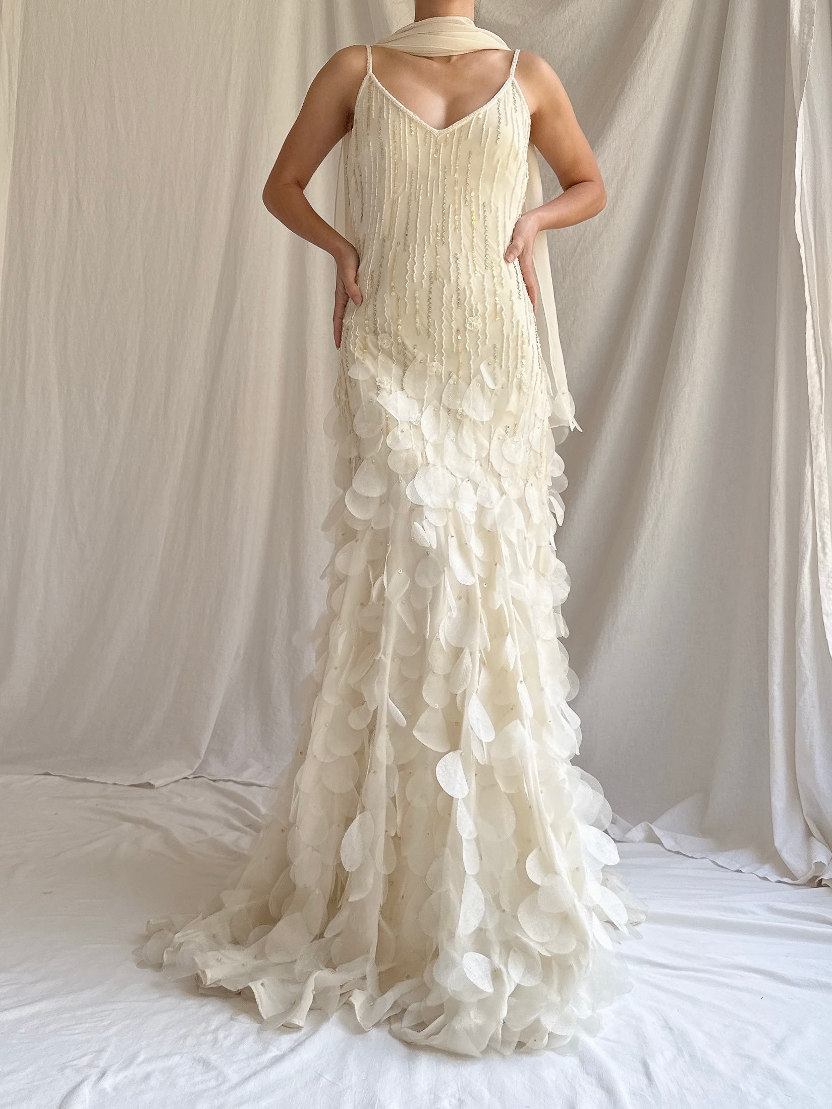 Vintage Ivory Silk Chiffon Gown with Shawl - S/M