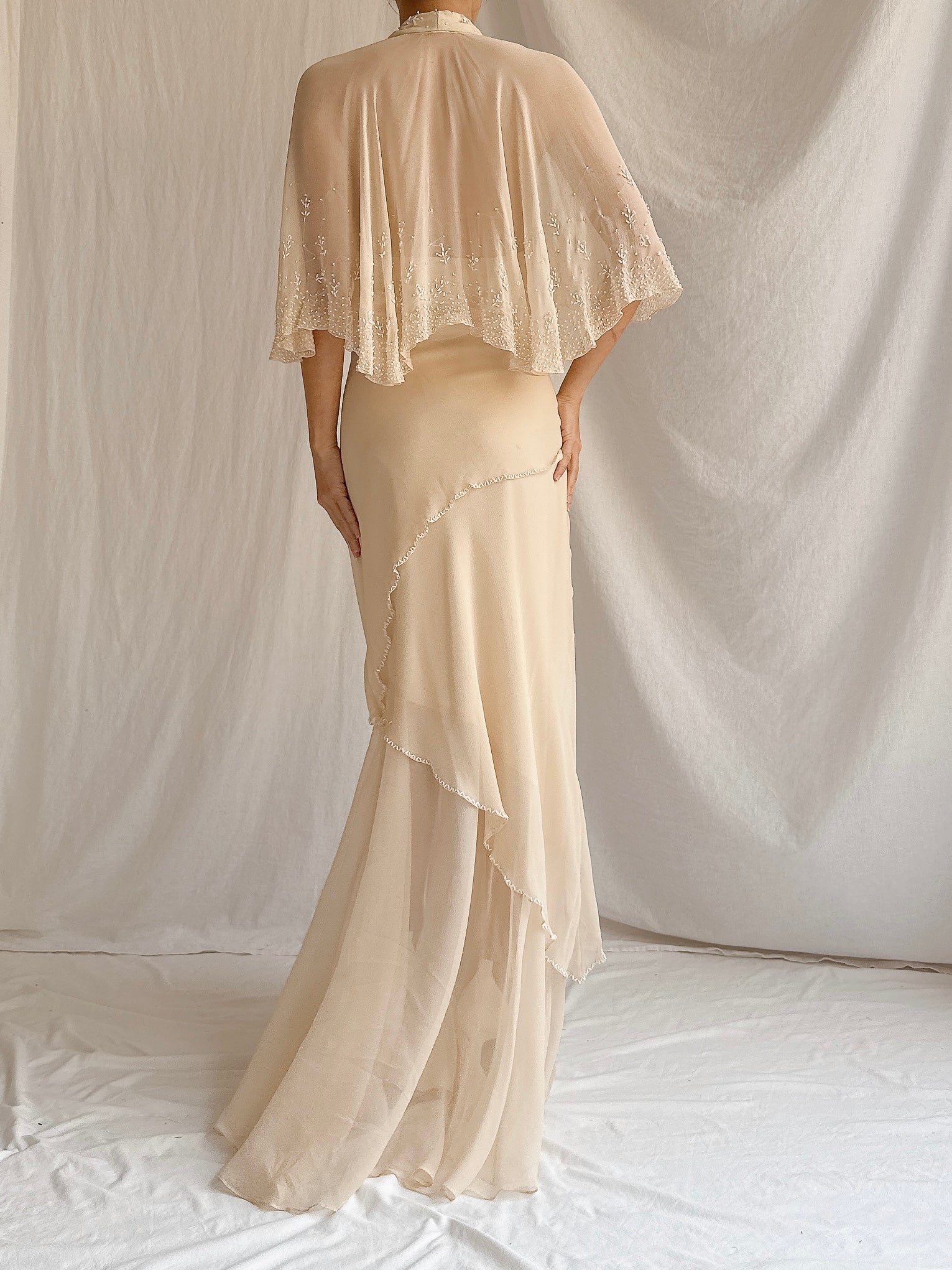 Vintage Almond Silk Cape Gown - M