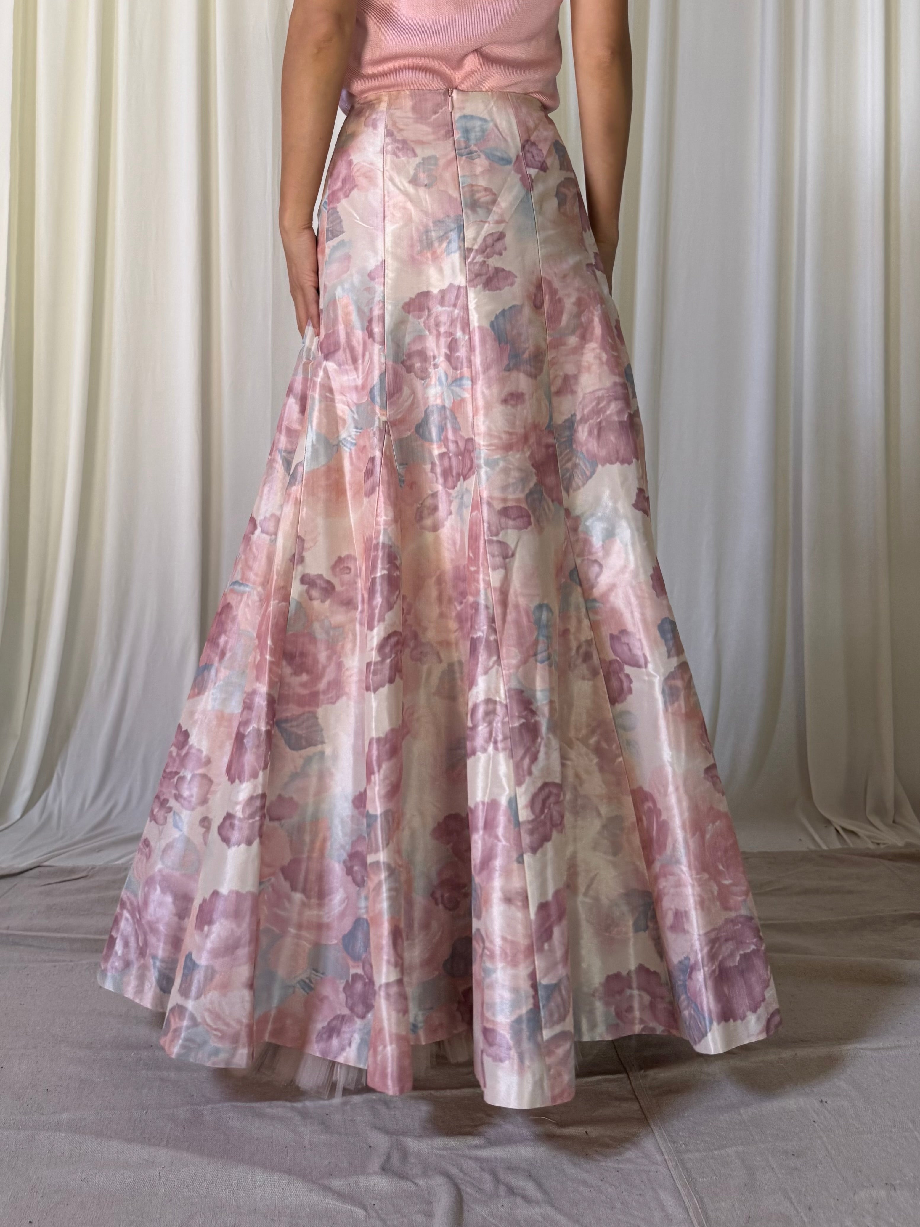 Vintage Paul Vasseur Pink Taffeta Floral Skirt - Size 44