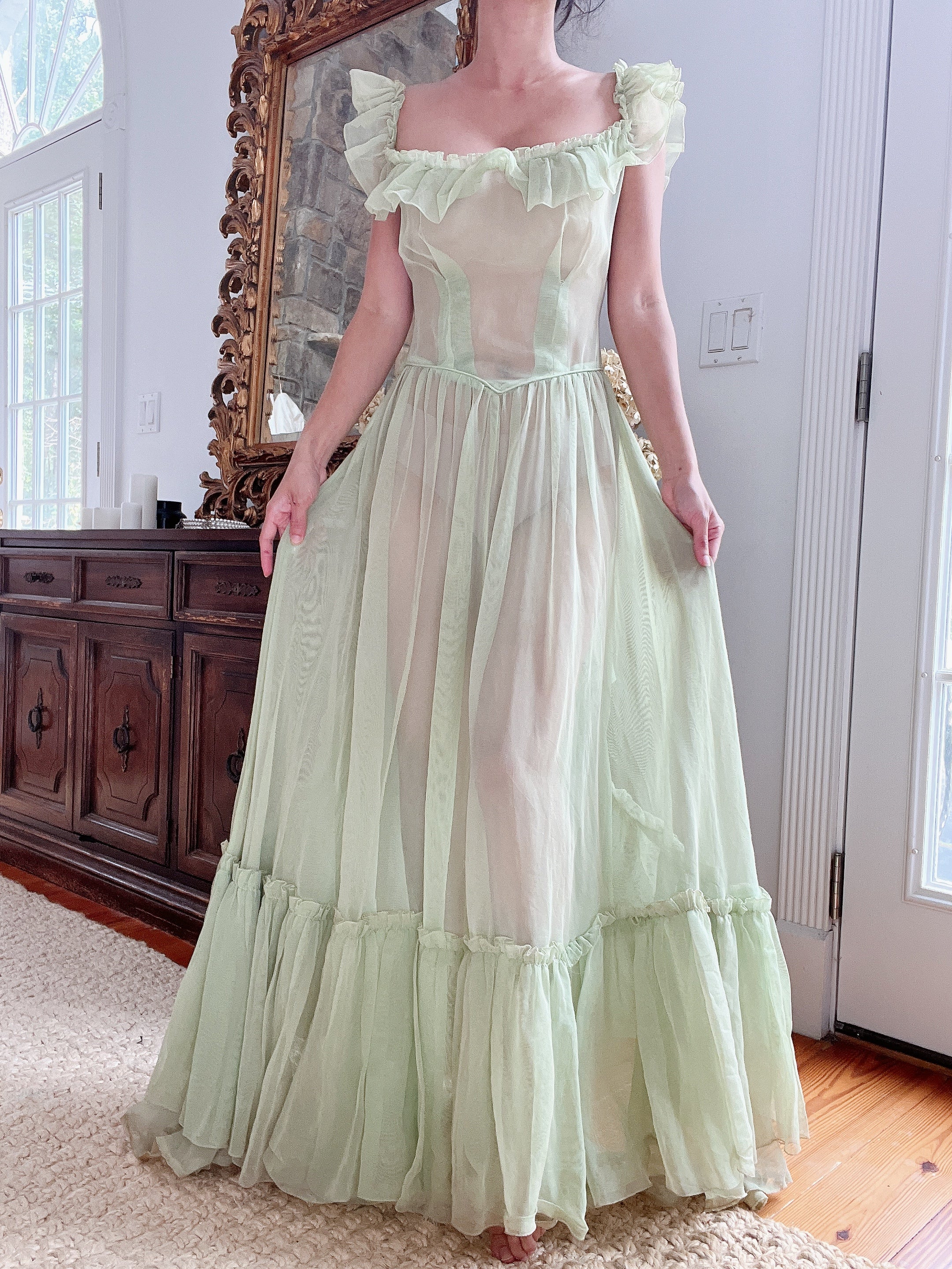 1940s Fred Perlberg Green Sheer Ruffle Dress