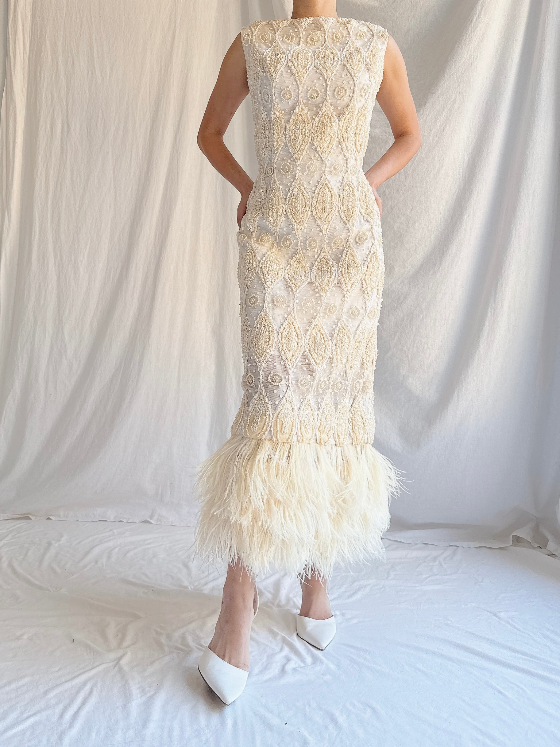 1960s Tulle Beaded Gown with Feather Embellishment - S 4-6