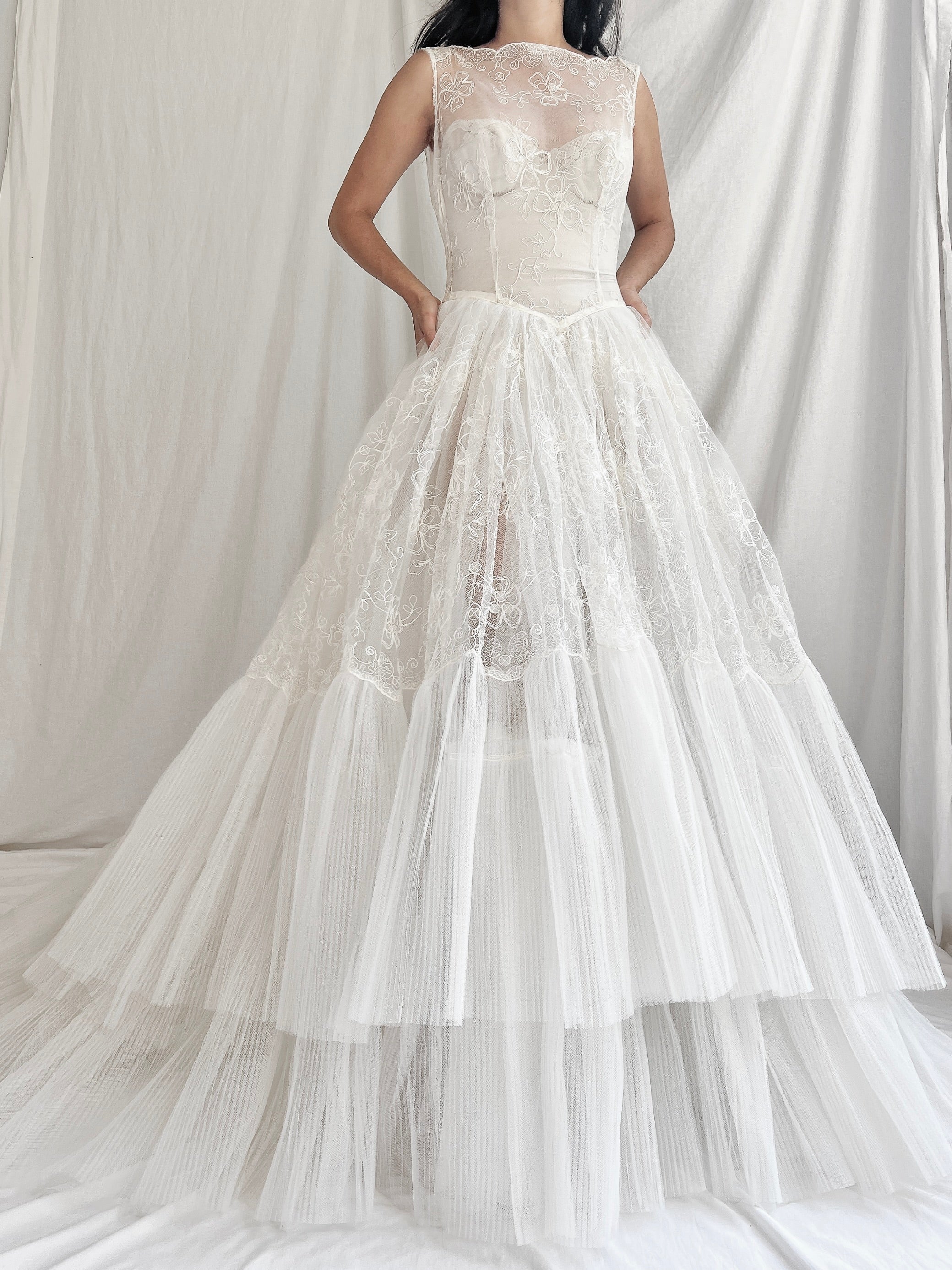 1950s Sheer Tulle Embroidered Dress