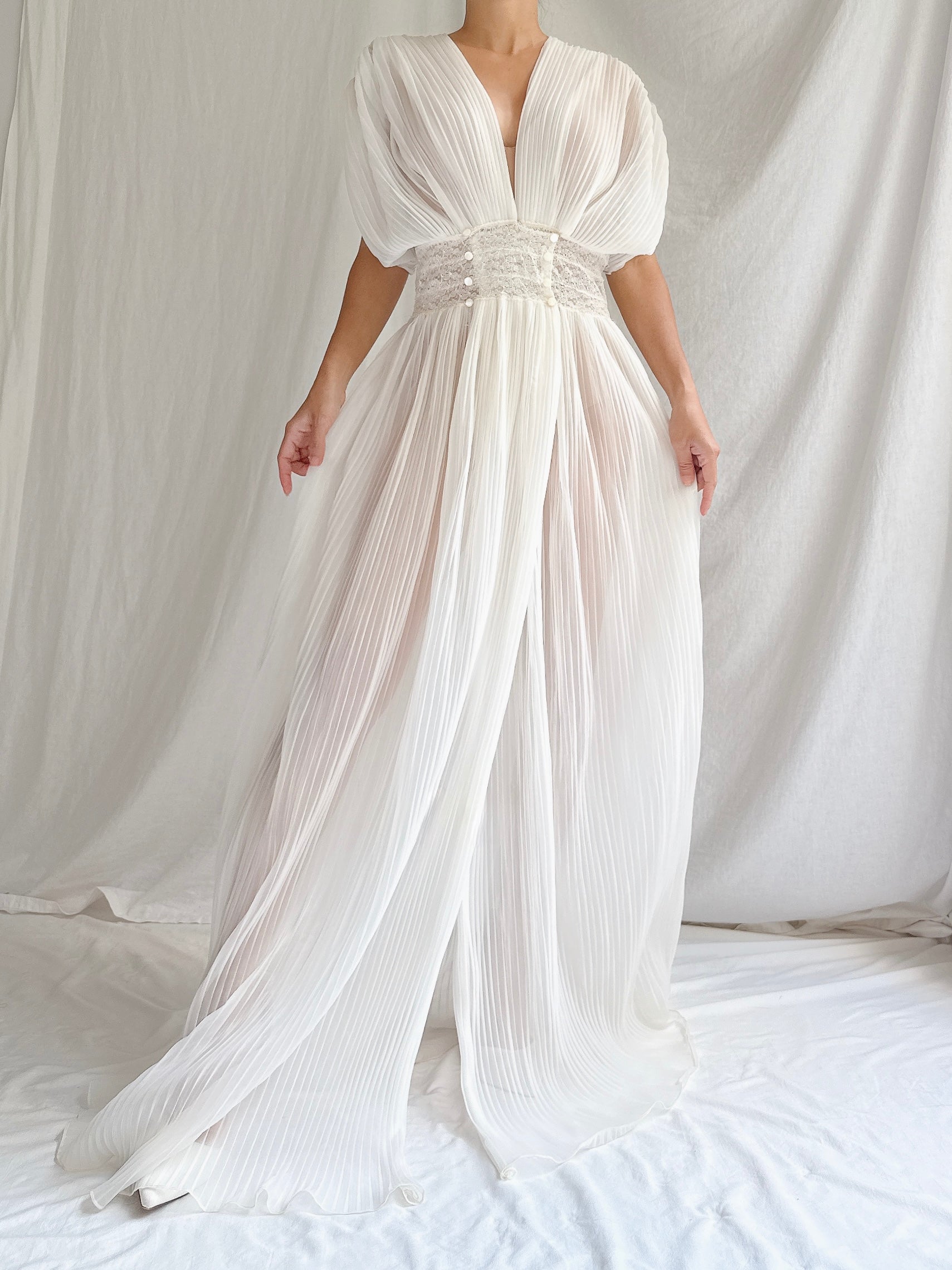 1960s Reversible Crystal Pleat Sheer Tricot Gown -  S