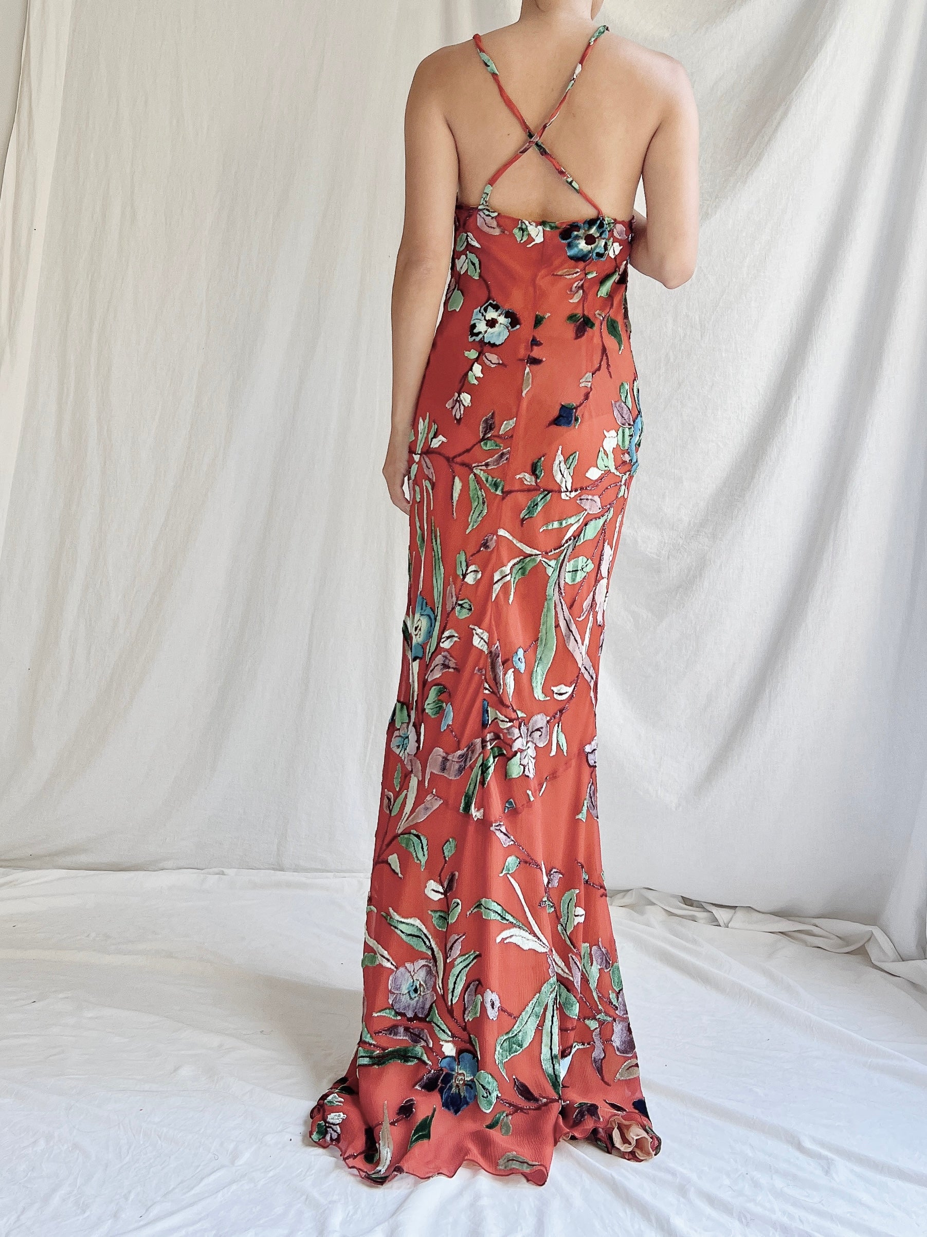 Vintage Silk Halter Velvet Devore Gown - M/L