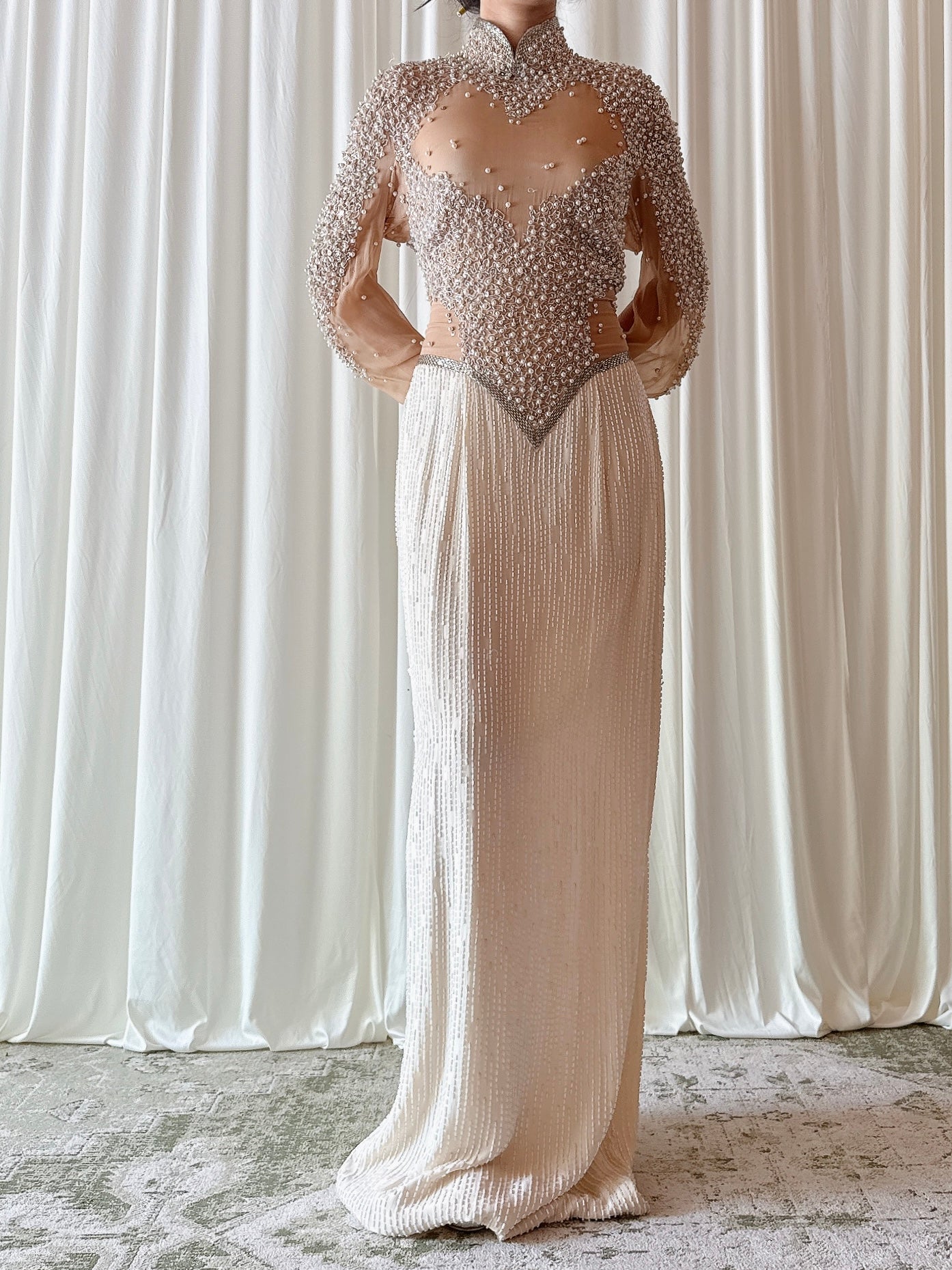 Vintage Ivory Silk Beaded Dress - Size 6