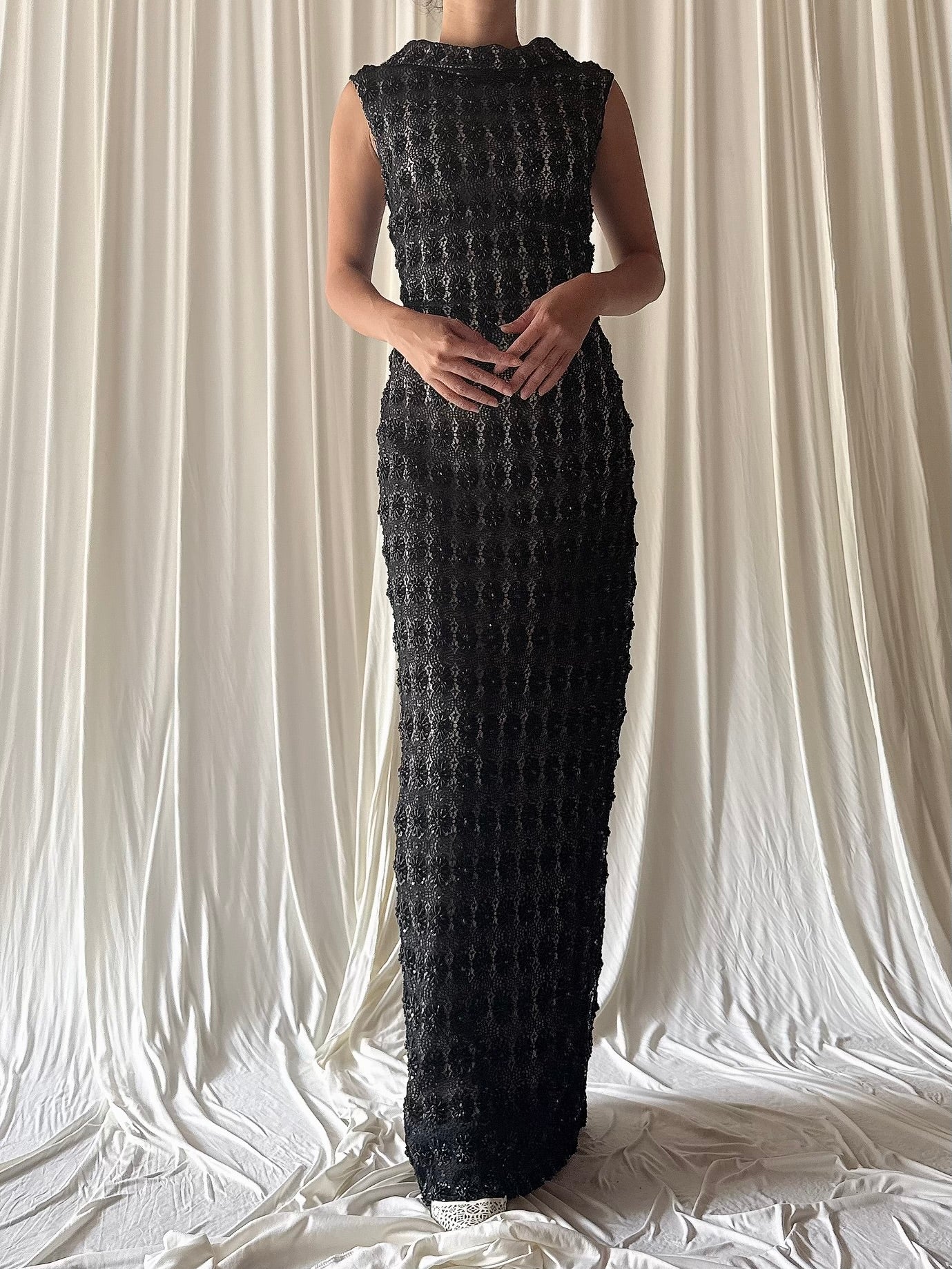 1960s Rayon Beaded Gown - M