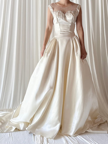 1940s Candlelight Satin Illusion Beaded Gown - S/4