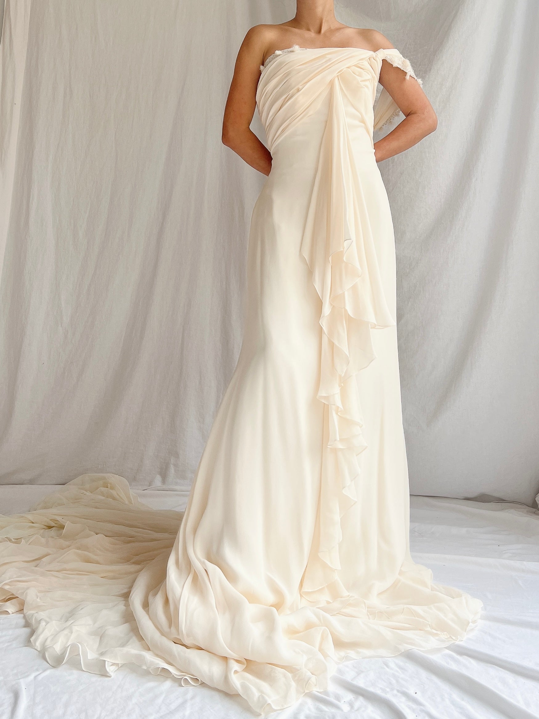 Vintage Silk One-Shoulder Gown - M