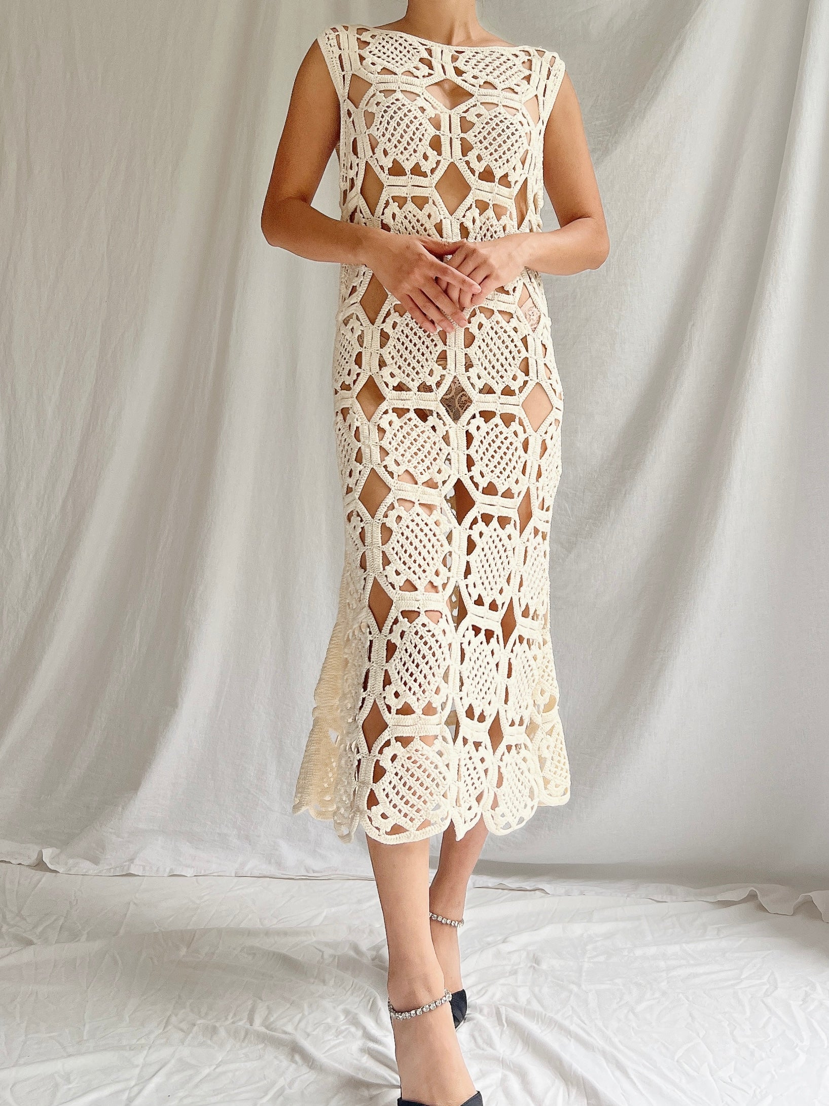 Ivory Crochet Midi Dress - M/L | G O S S A M E R Ivory Crochet Midi Dress - M/L | G O S S A M E R