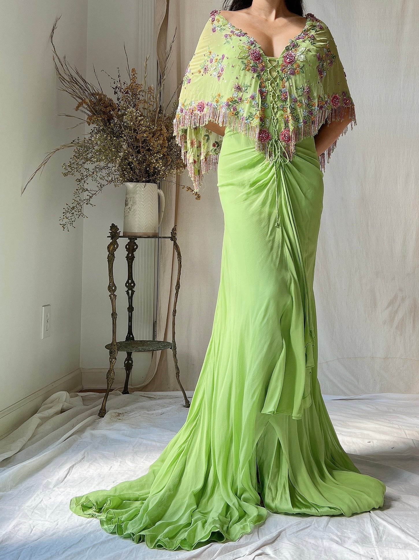 Vintage Chartreuse Belleville Sassoon Silk Cape Dress - XL/UK18