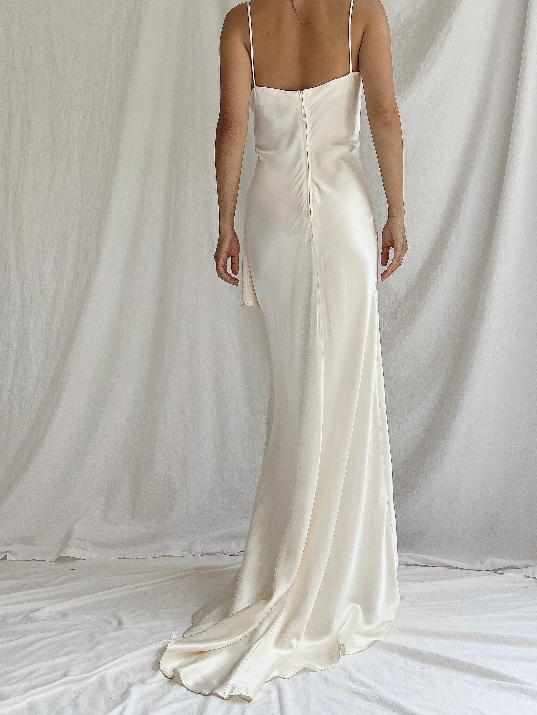 1990s Ivory Satin Draped Gown - XS