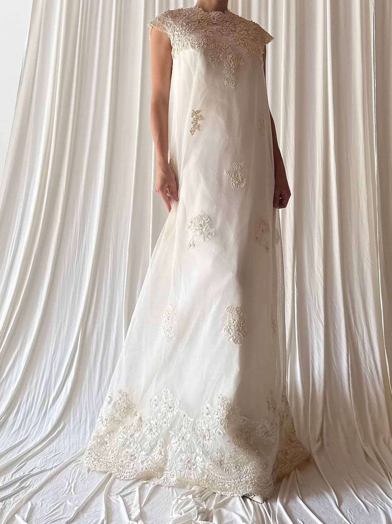 1960s Tulle Lace Beaded Gown - S