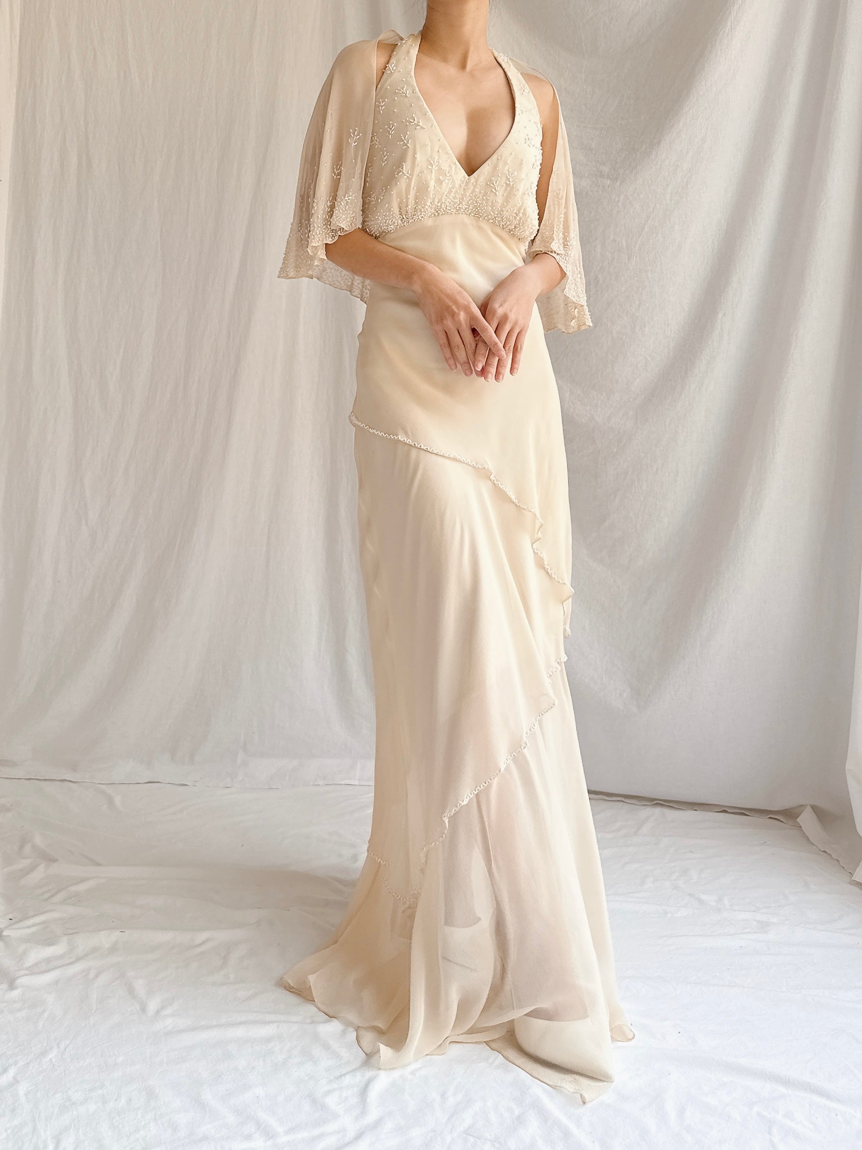 Vintage Almond Silk Cape Gown - M