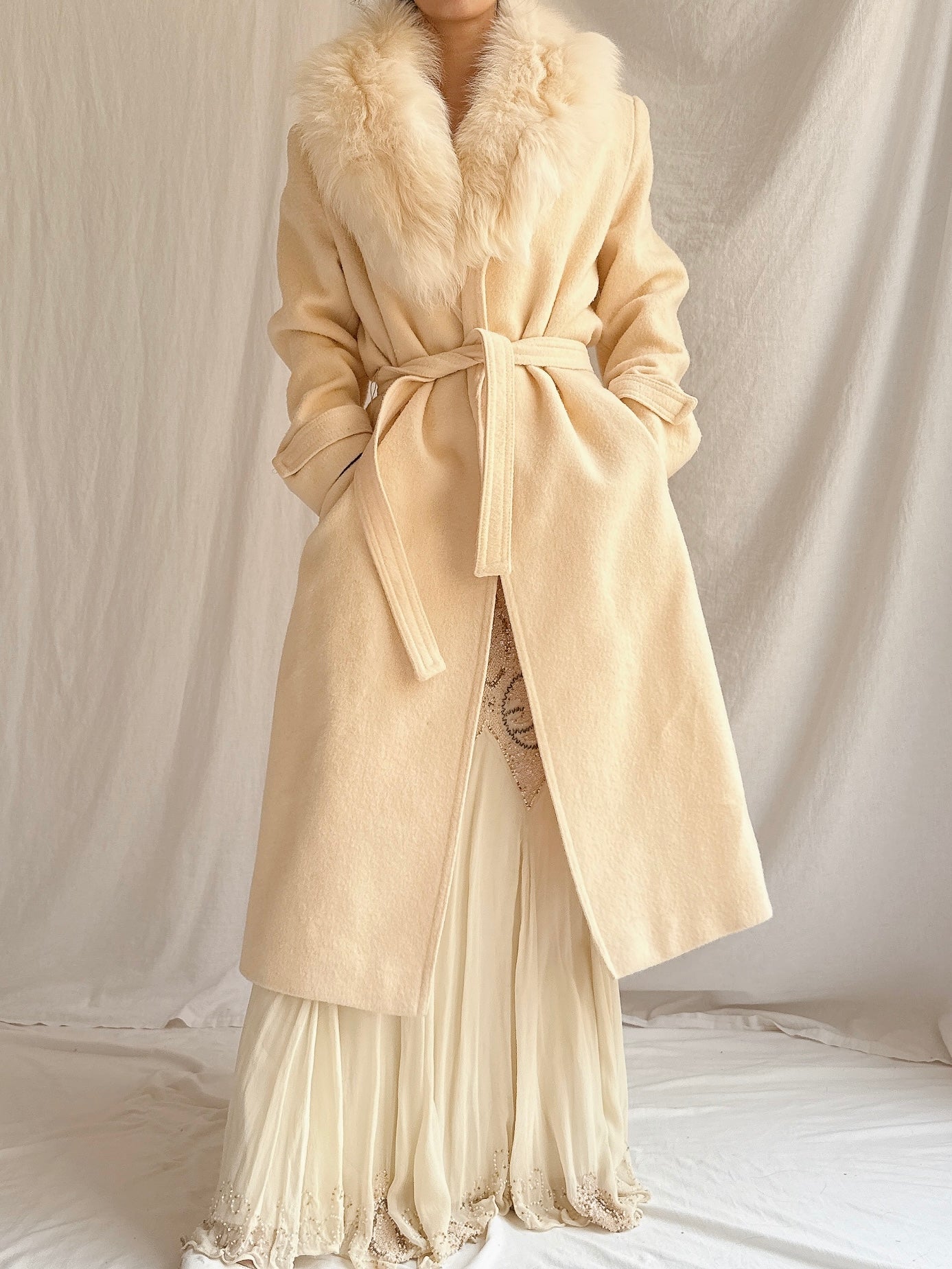 Vintage Wool and Fox Fur Coat - M