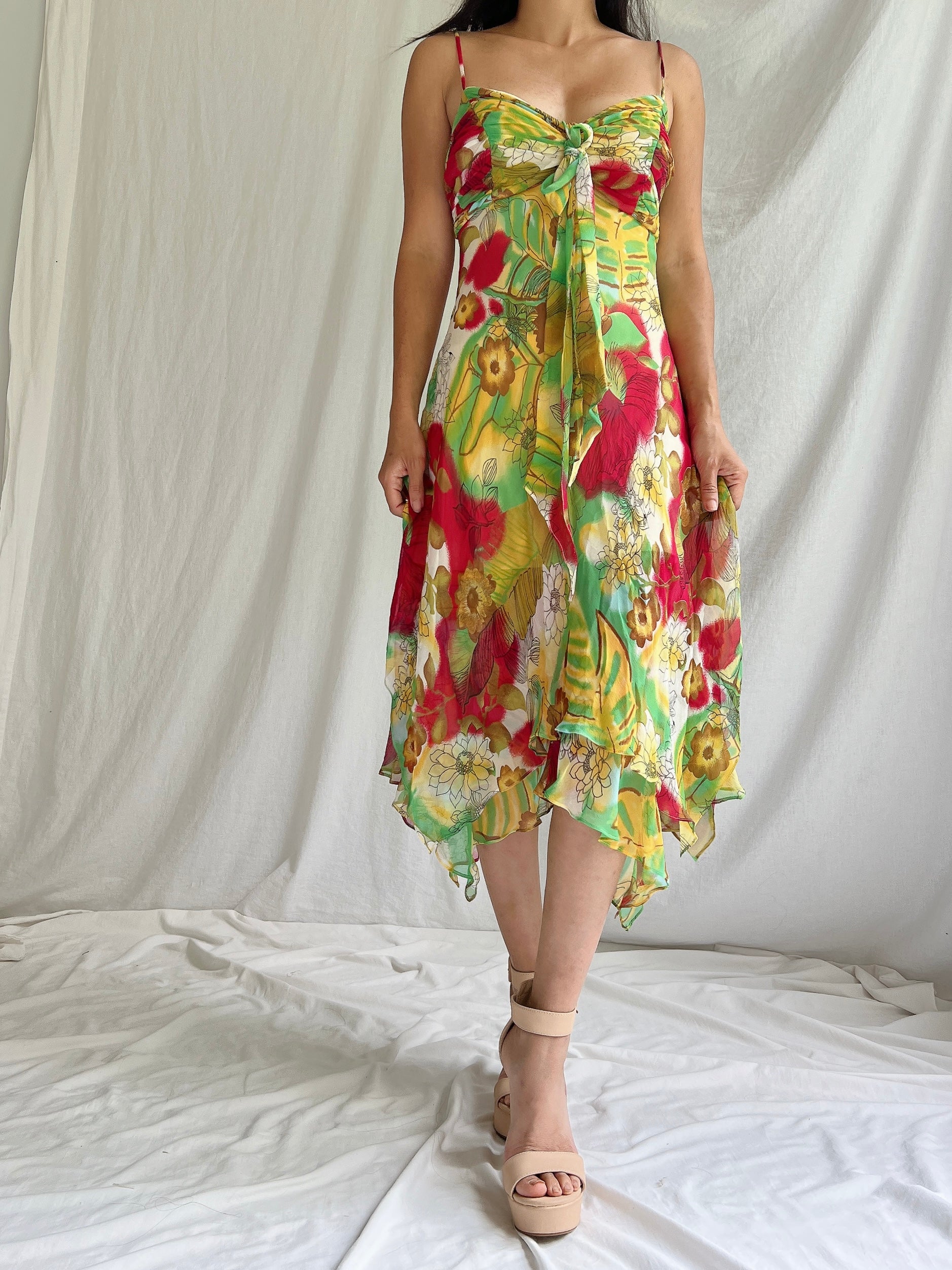 Y2K Silk Chiffon Floral Dress - M