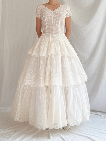 1950s Organdy Embroidered Dress - XS