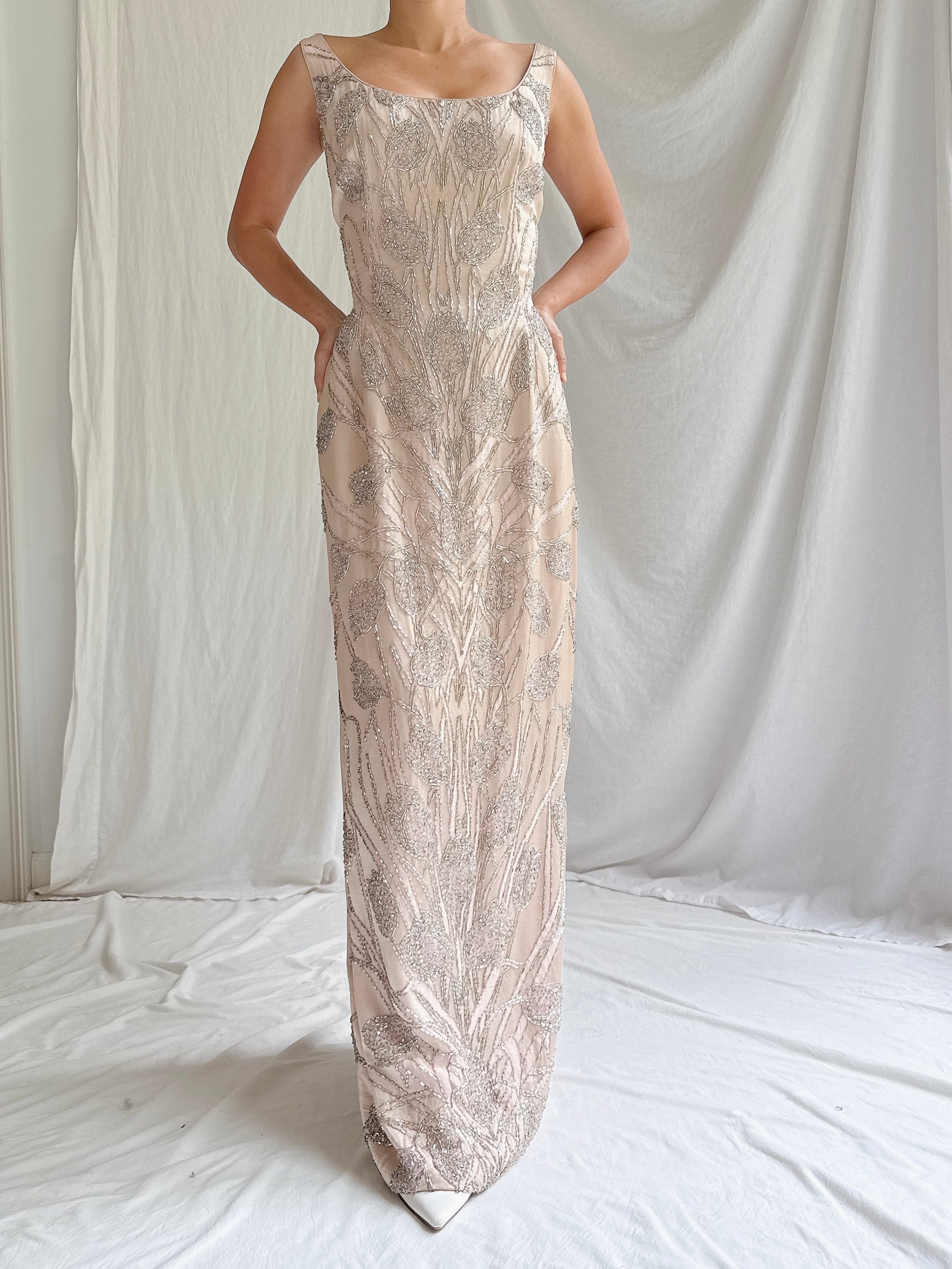 1960s Dusty Pink Silk Beaded Gown - M
