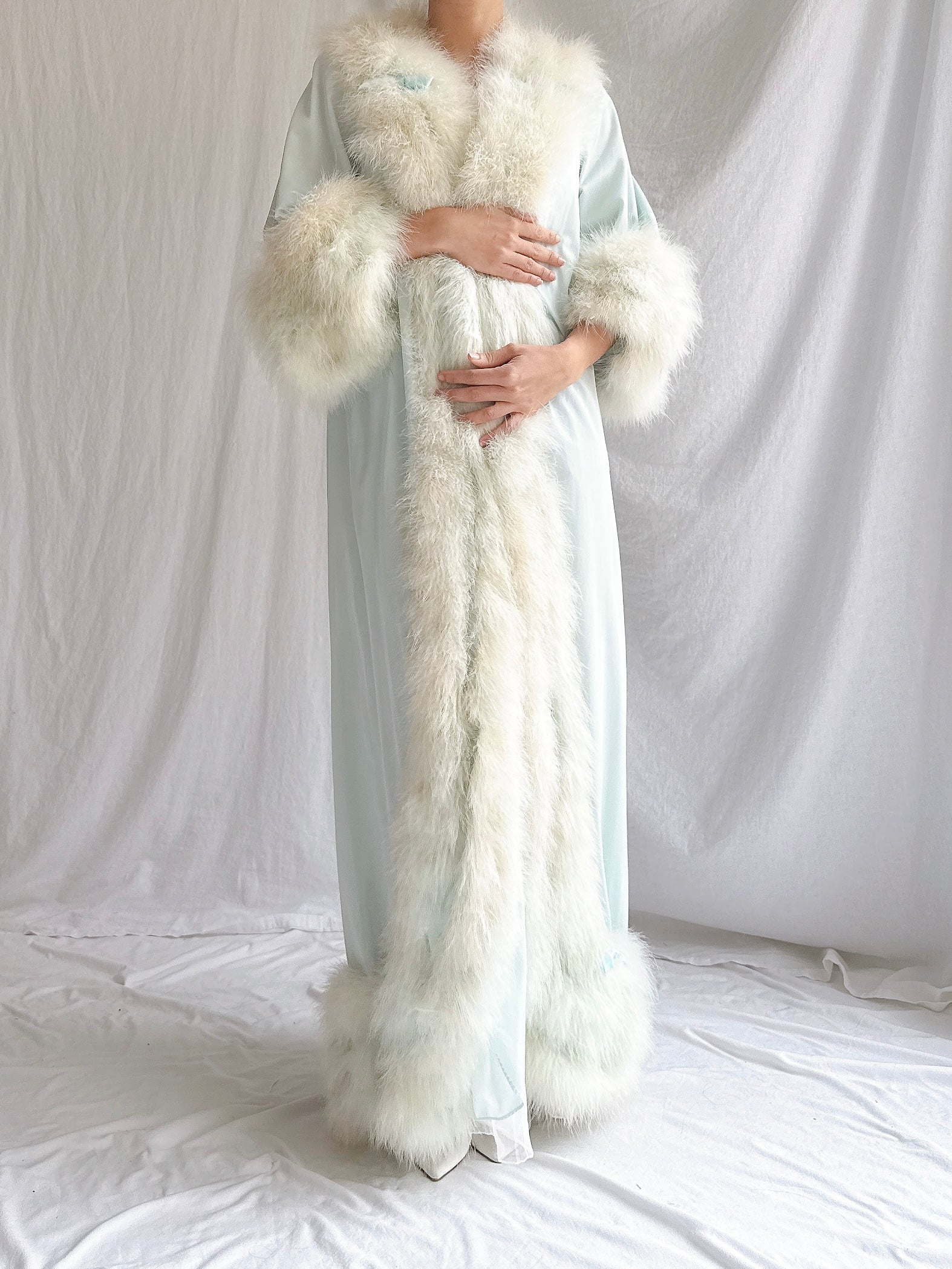 Rare 1960s Heft Baby Blue Marabou & Nylon Duster - OSFM