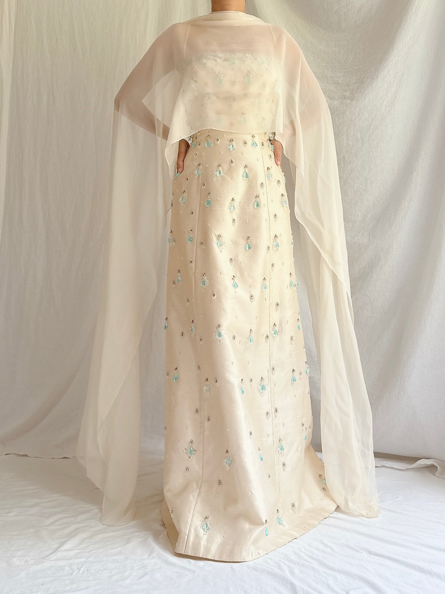 1960s Raw Silk Crystal Gown with Silk Shawl- S/4