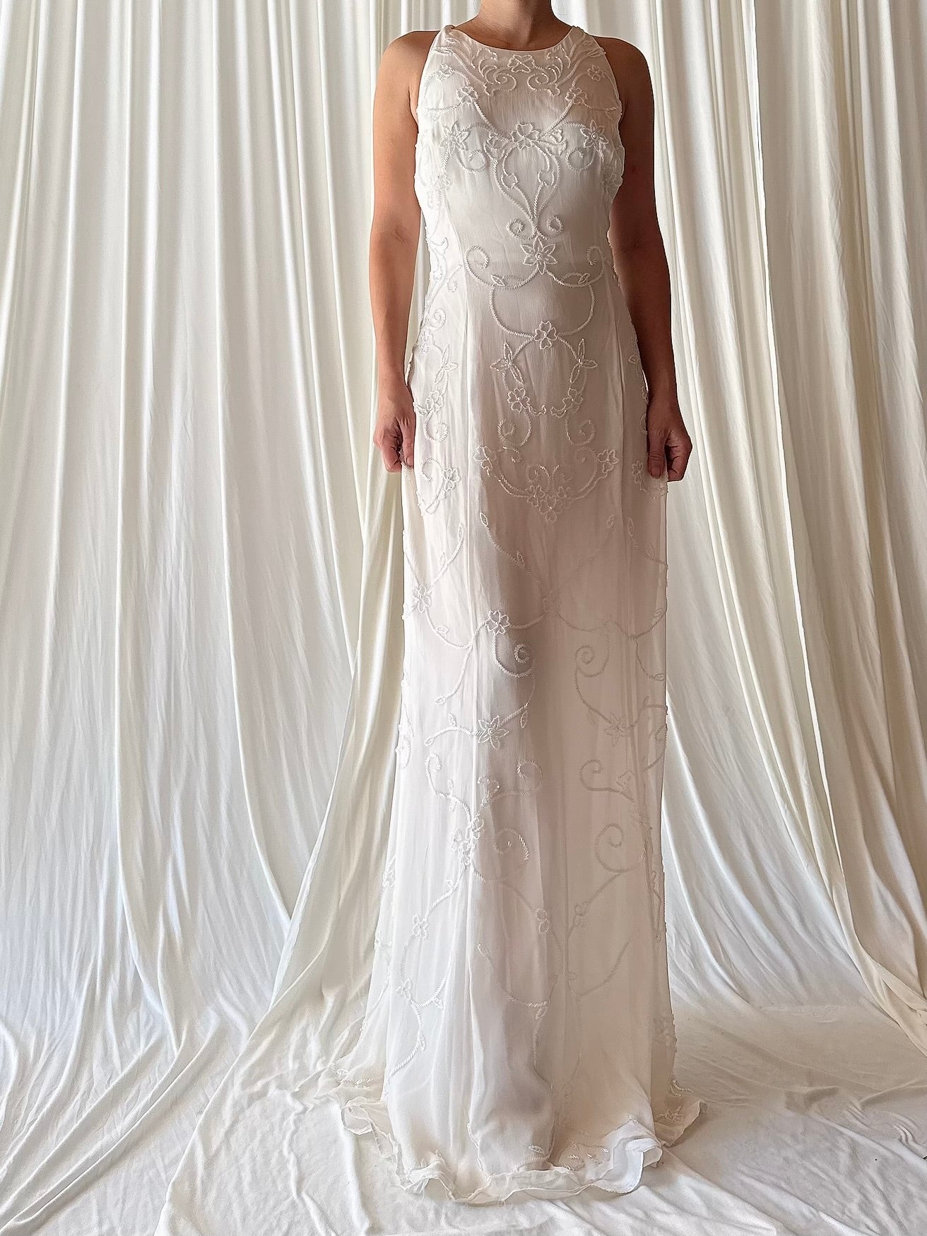1990s Silk Chiffon Crewneck Gown - L