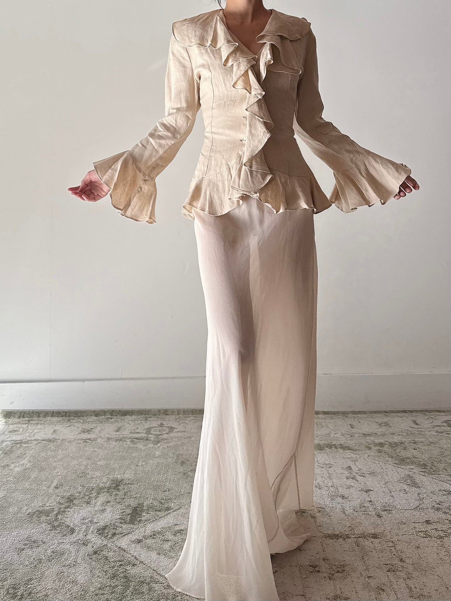 Vintage Cottonade Paris Beige Ruffle Top - FR38