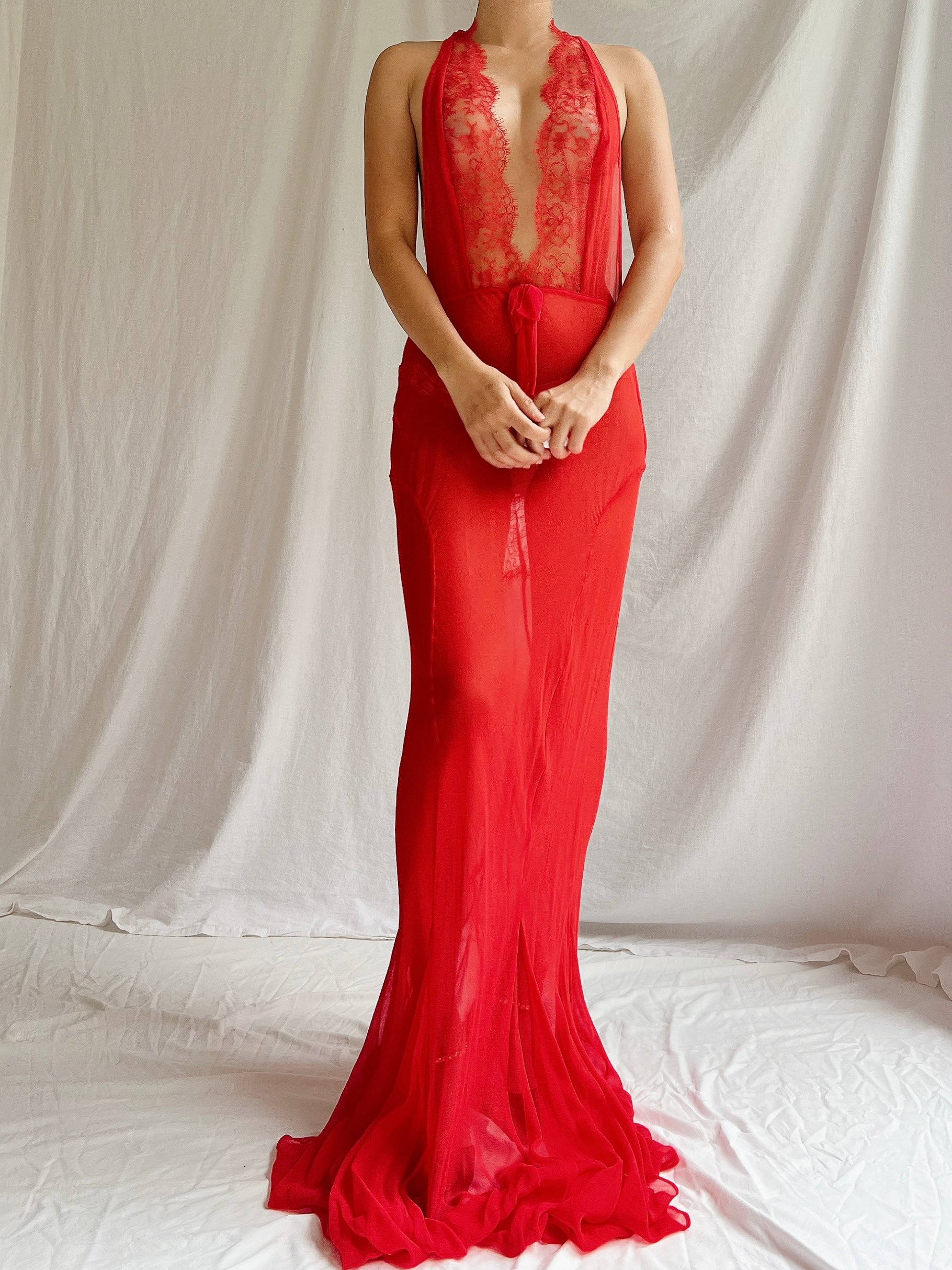 00s Red Silk Sheer Slip Gown - M/L