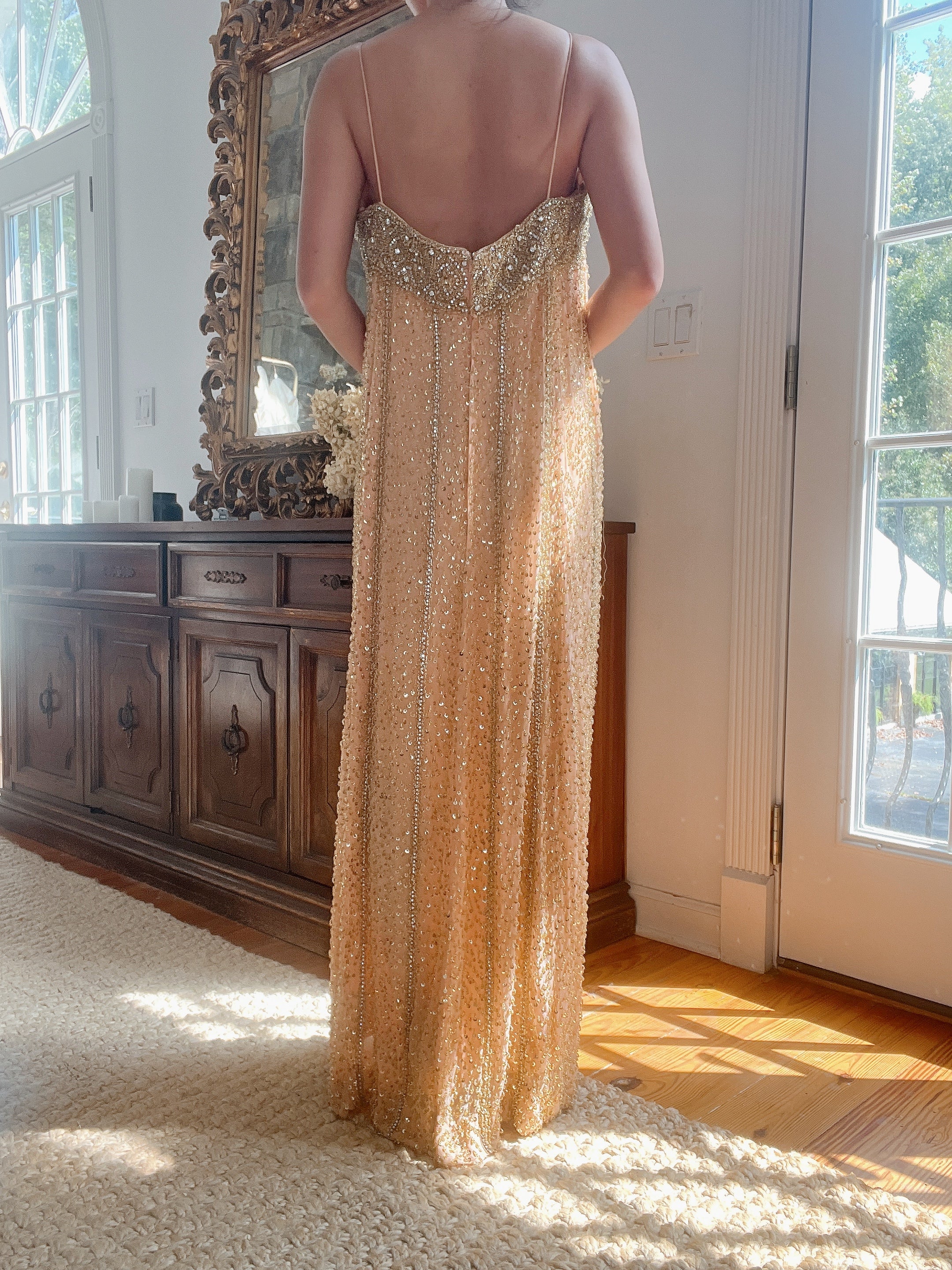 1960s Peach Beaded Gown & Cape - M/L