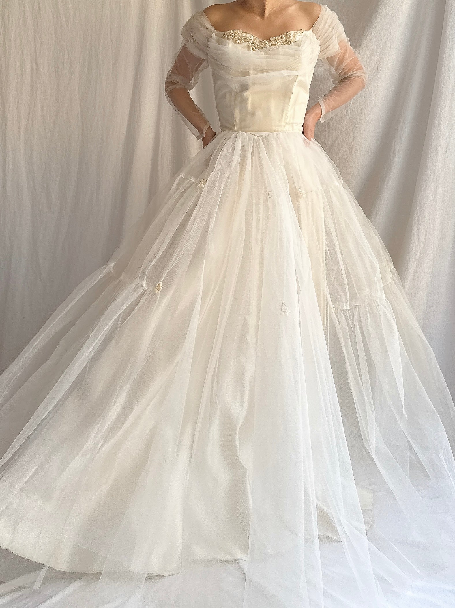 1950s Tulle Off-the-shoulder Gown - XS