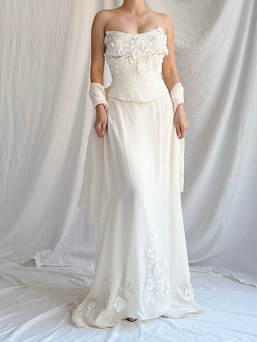 1990s Silk 3-Piece Floral Applique Set - S/4