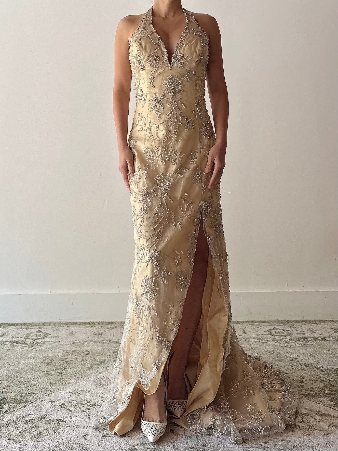 Vintage Gold Beaded Lace Halter Dress - Size 10