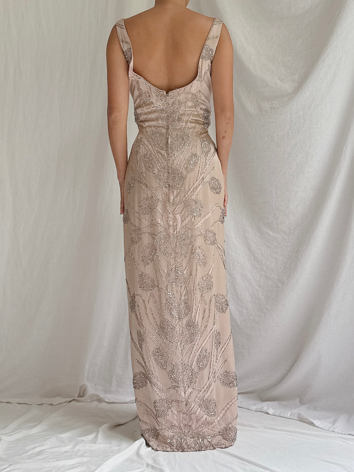1960s Dusty Pink Silk Beaded Gown - M