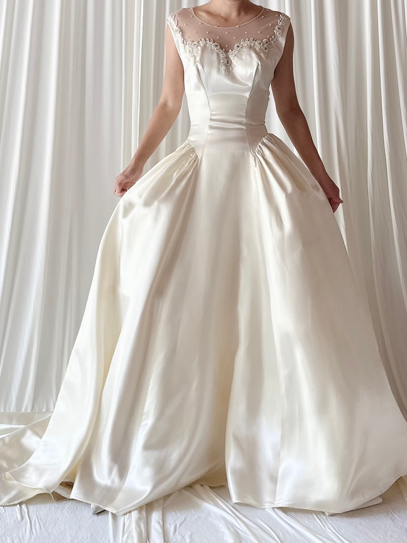1940s Candlelight Satin Illusion Beaded Gown - S/4