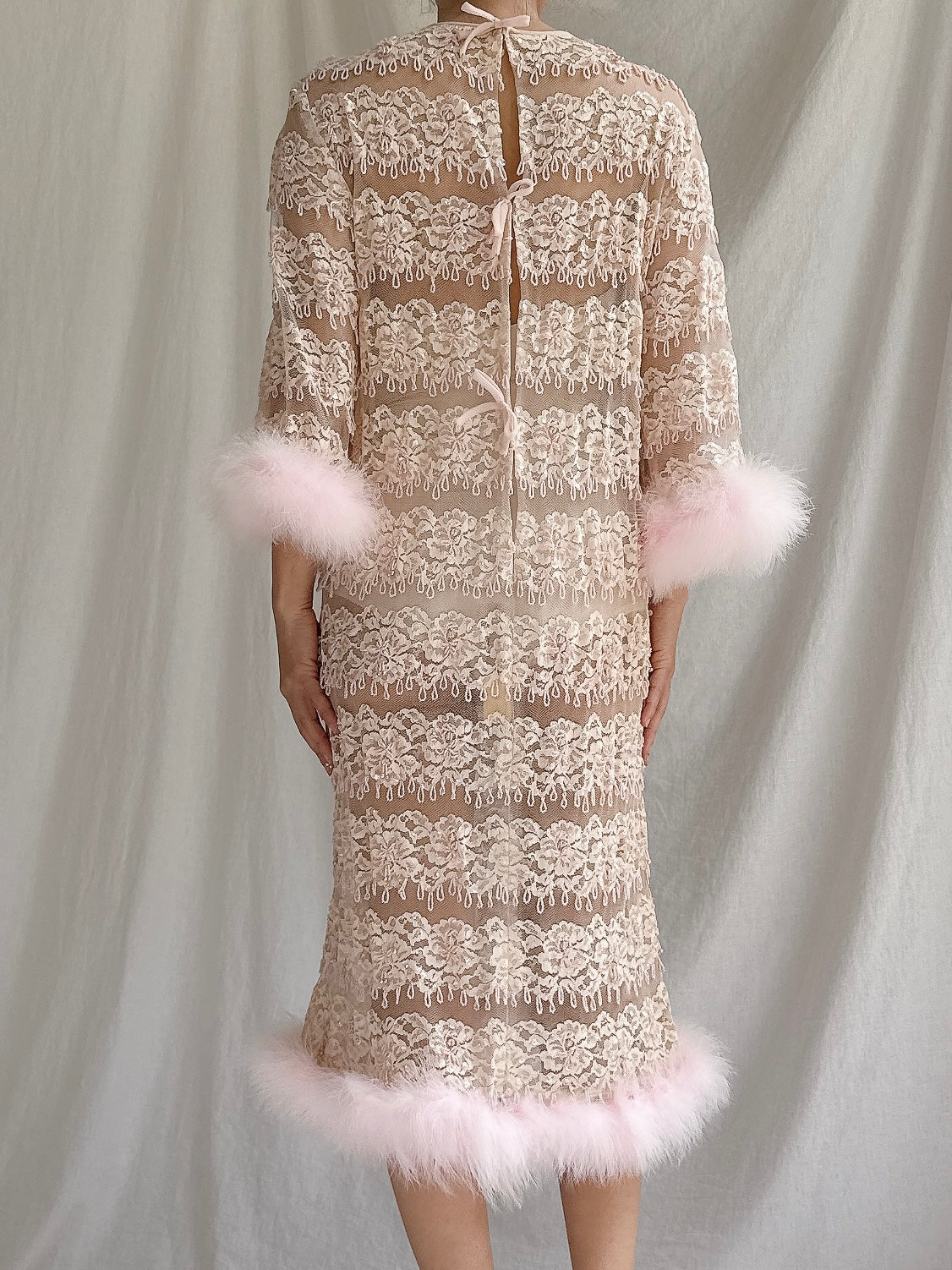 1960s Pink Beaded Dress with Feather Trim - S/M