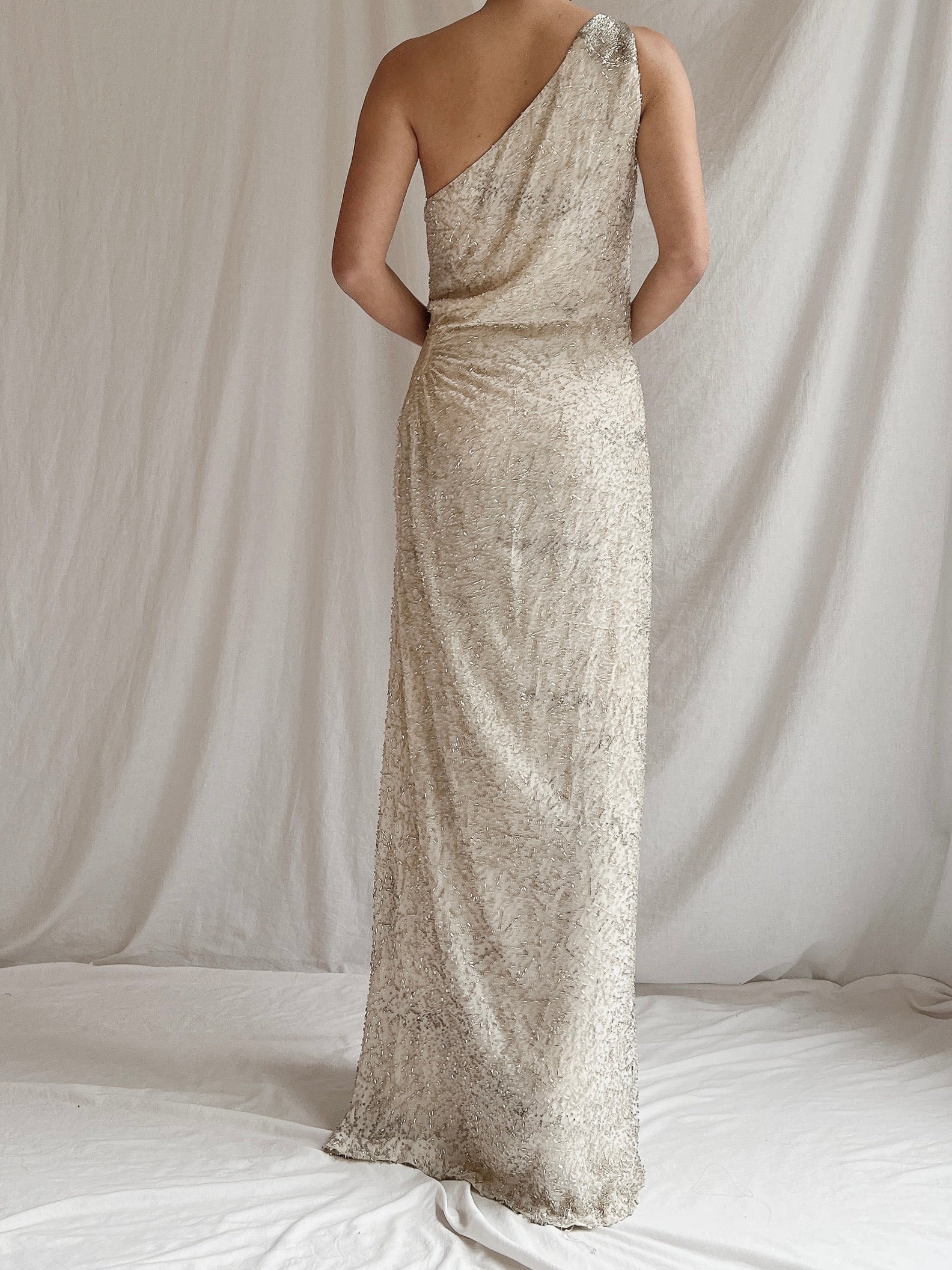 Vintage Silk One Shoulder Beaded Gown - M 6/8