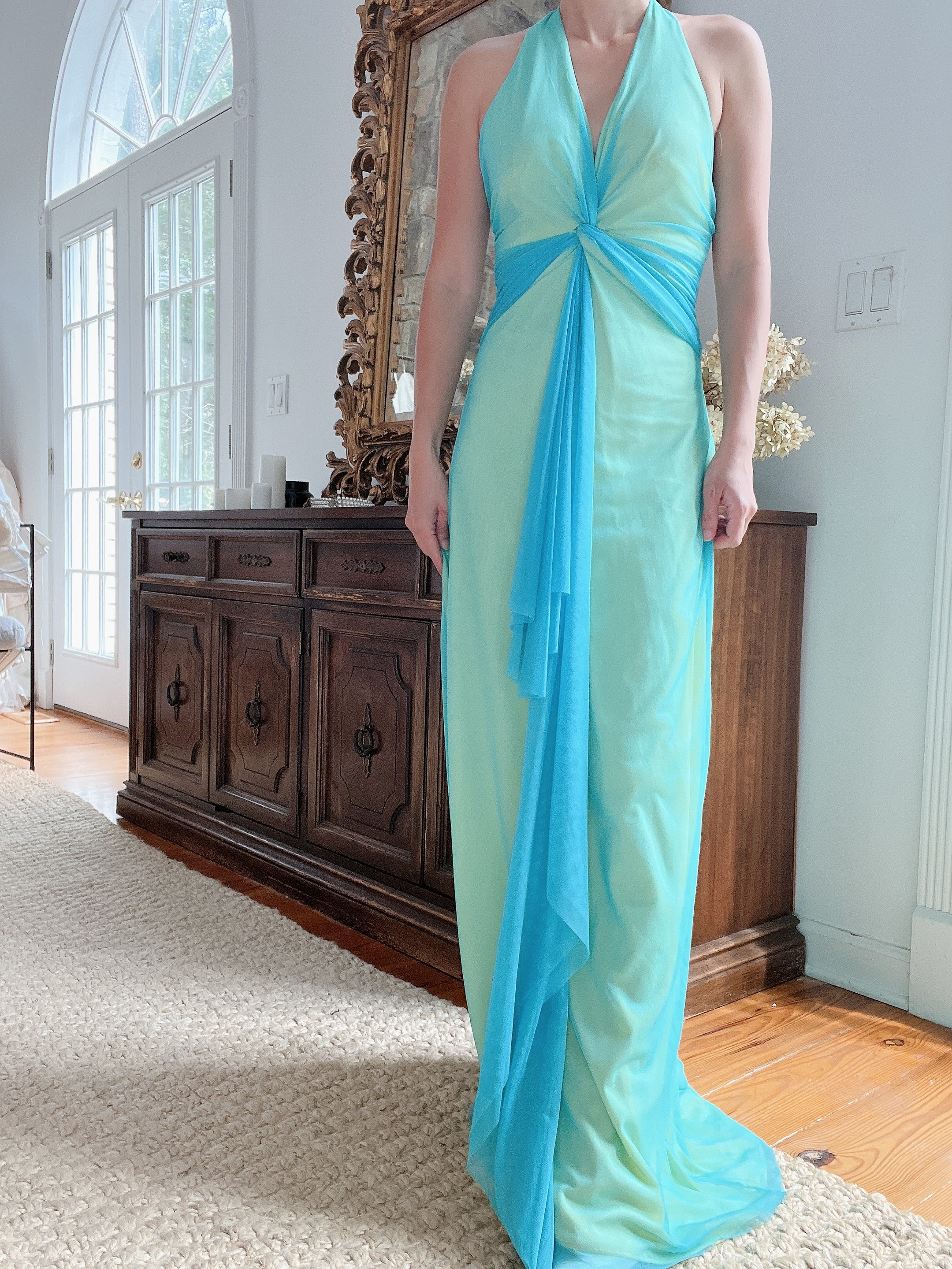 Y2K Teal and Yellow Gown - XS