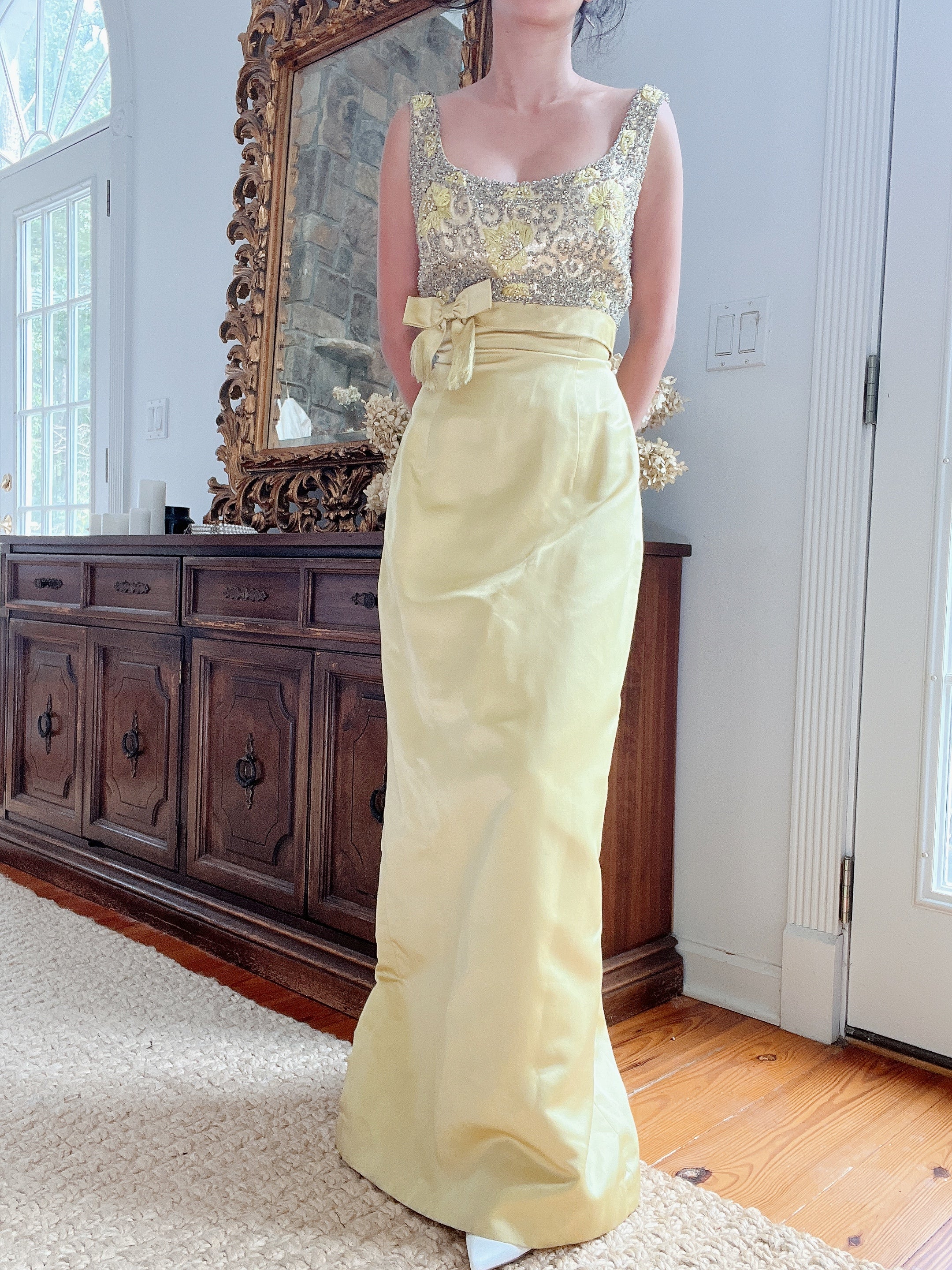 1960s Chartreuse Silk Beaded Gown - S