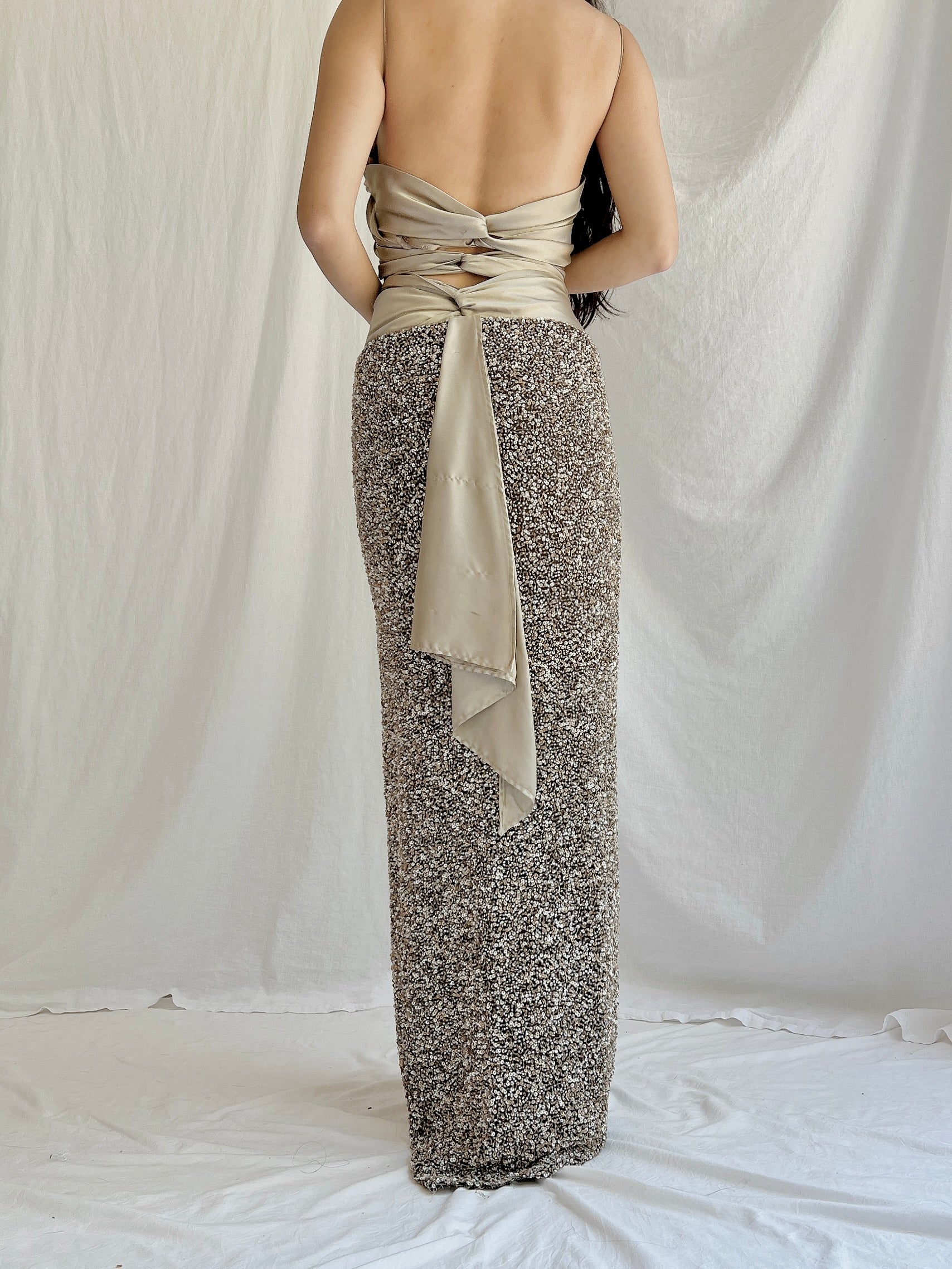 Y2K Taupe/Chocolate Beaded Silk Gown - M