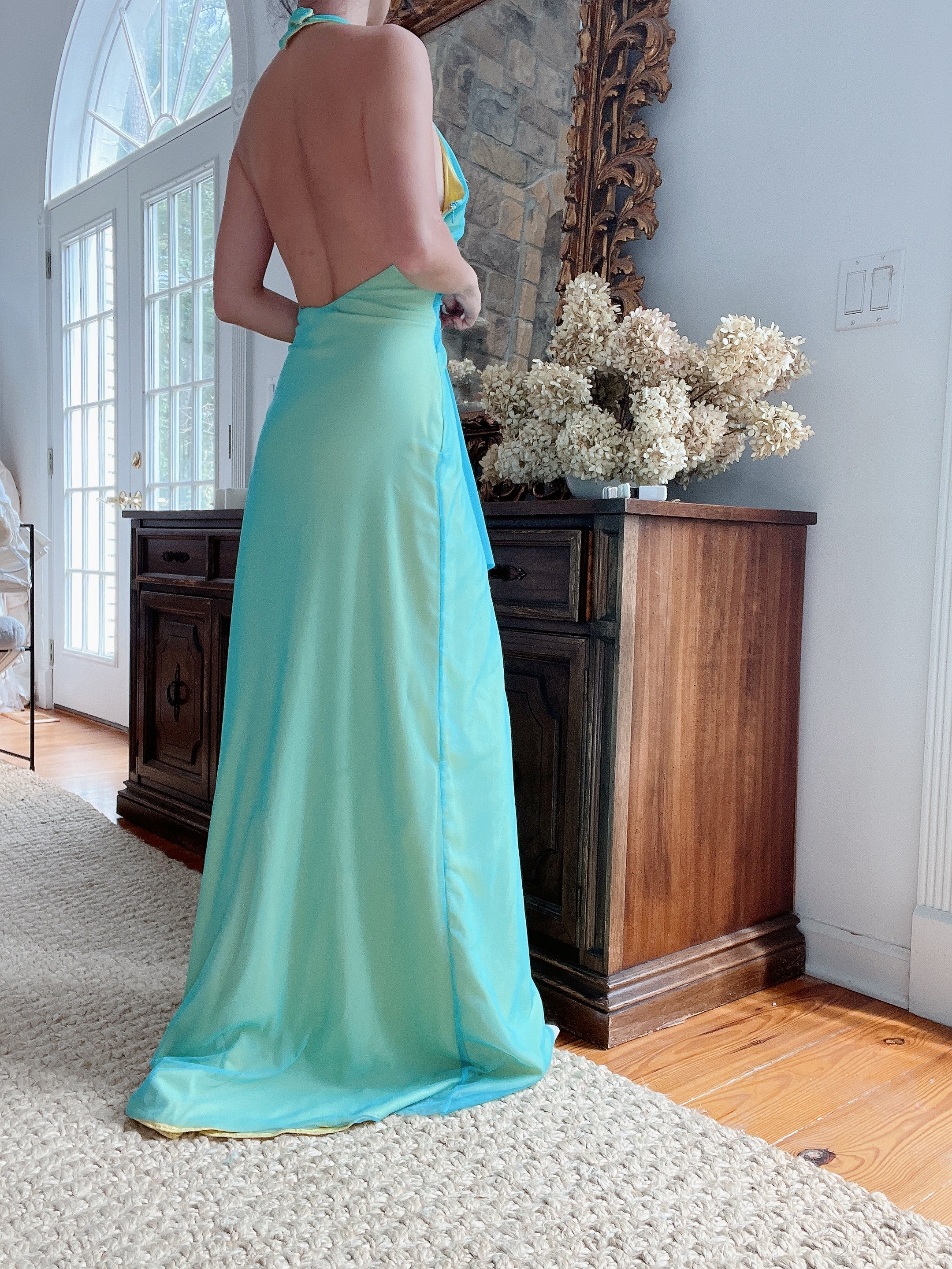 Y2K Teal and Yellow Gown - XS