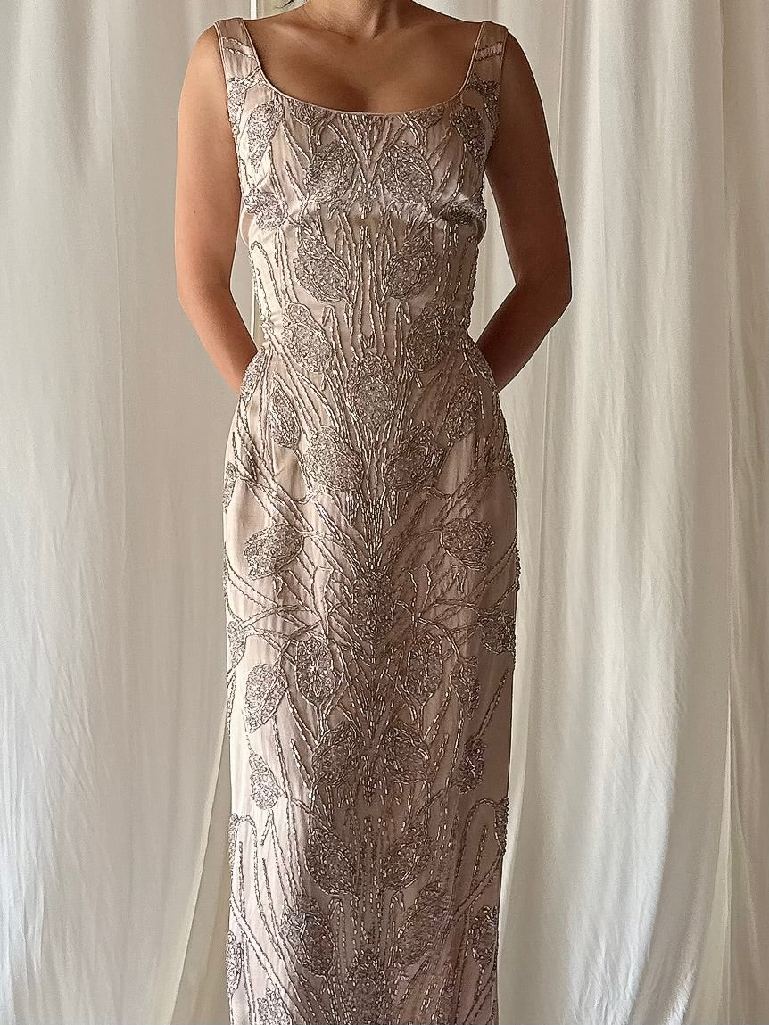 1960s Dusty Pink Silk Beaded Gown - S/M