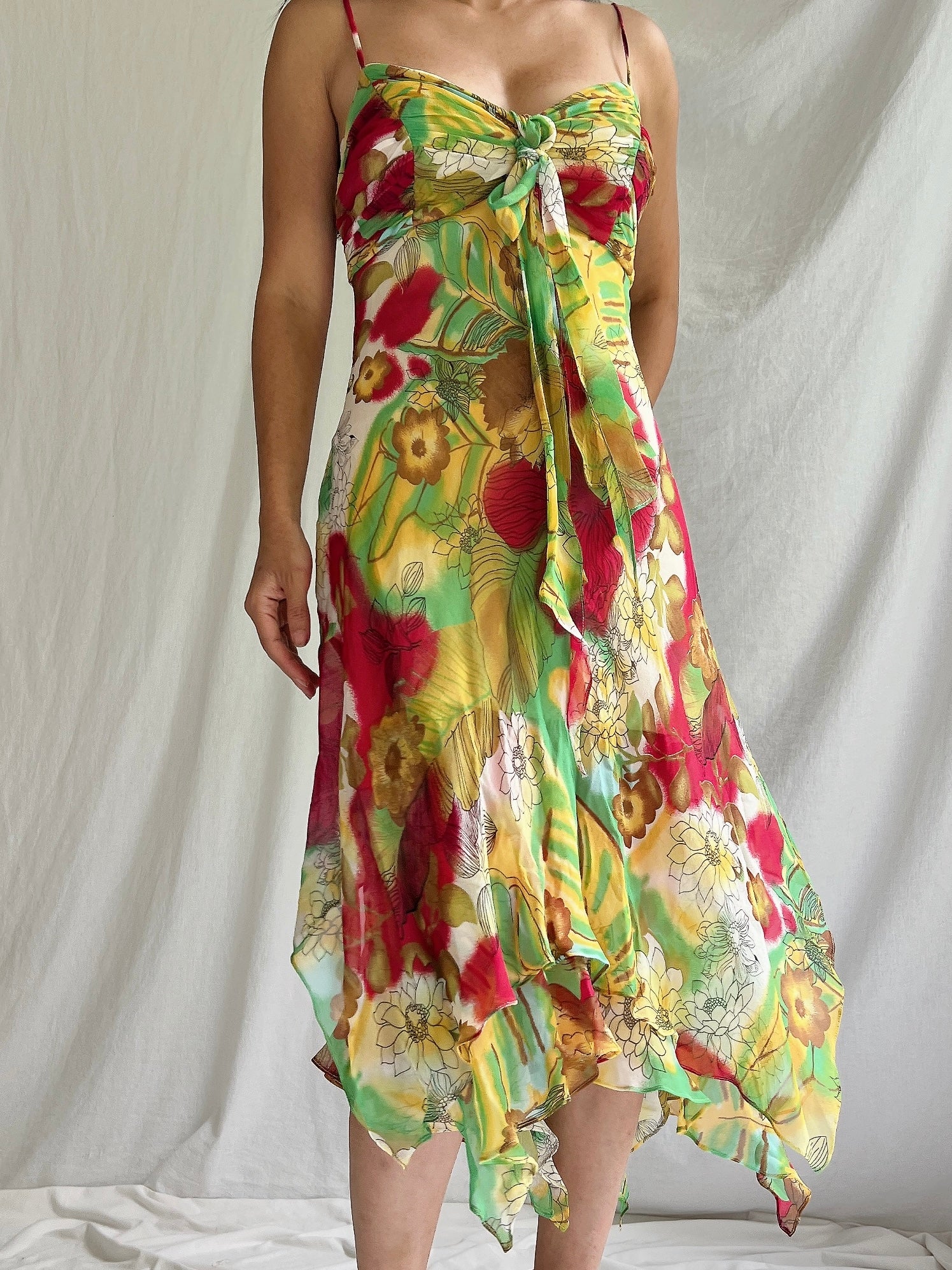 Y2K Silk Chiffon Floral Dress - M