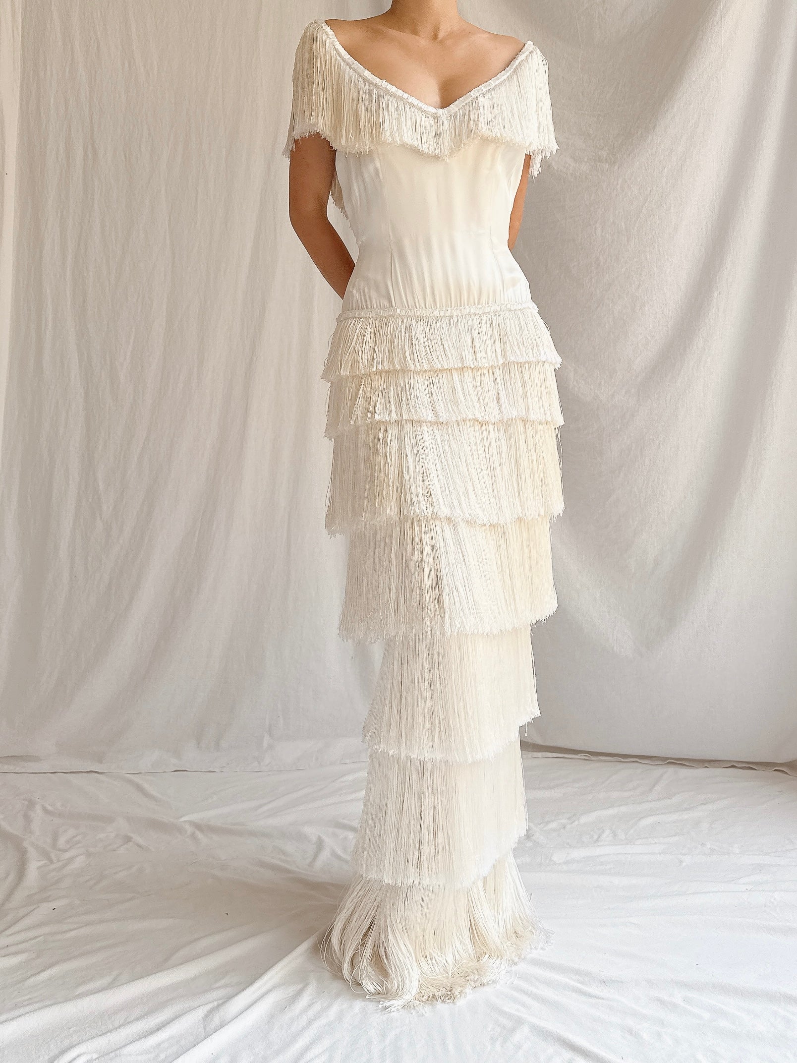 1960s Satin Silk Fringe Gown - S