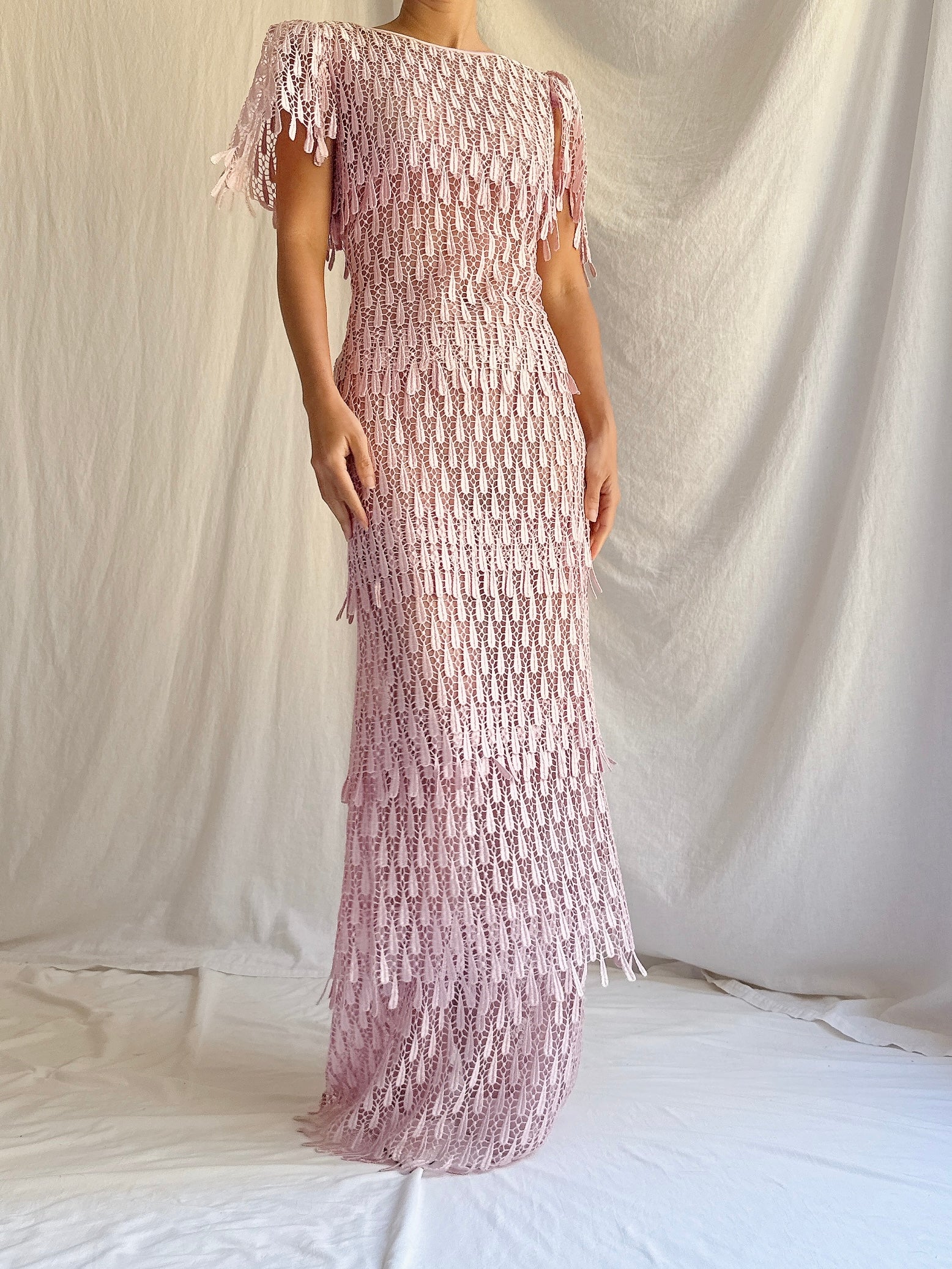 Vintage Sheer Pink Embroidered Lace Dress - S/M