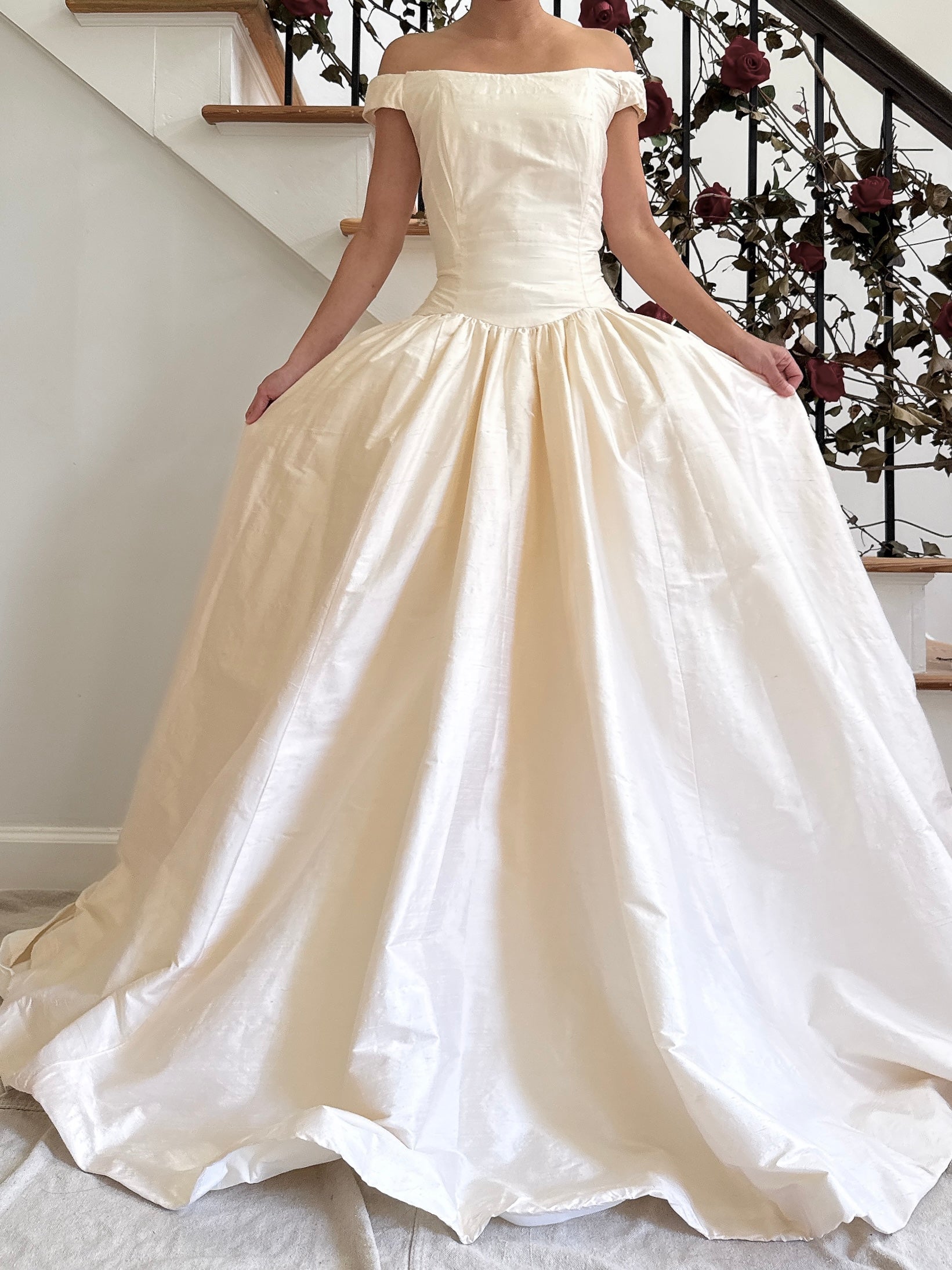 Vintage Raw Silk Portrait Collar Gown - M