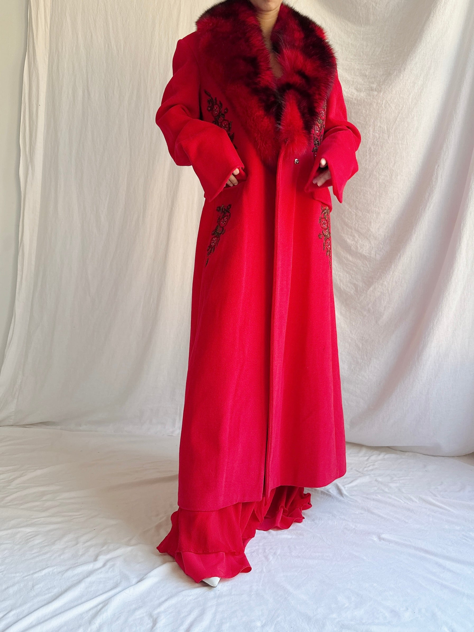 Vintage Red Wool Fox Fur Coat - M